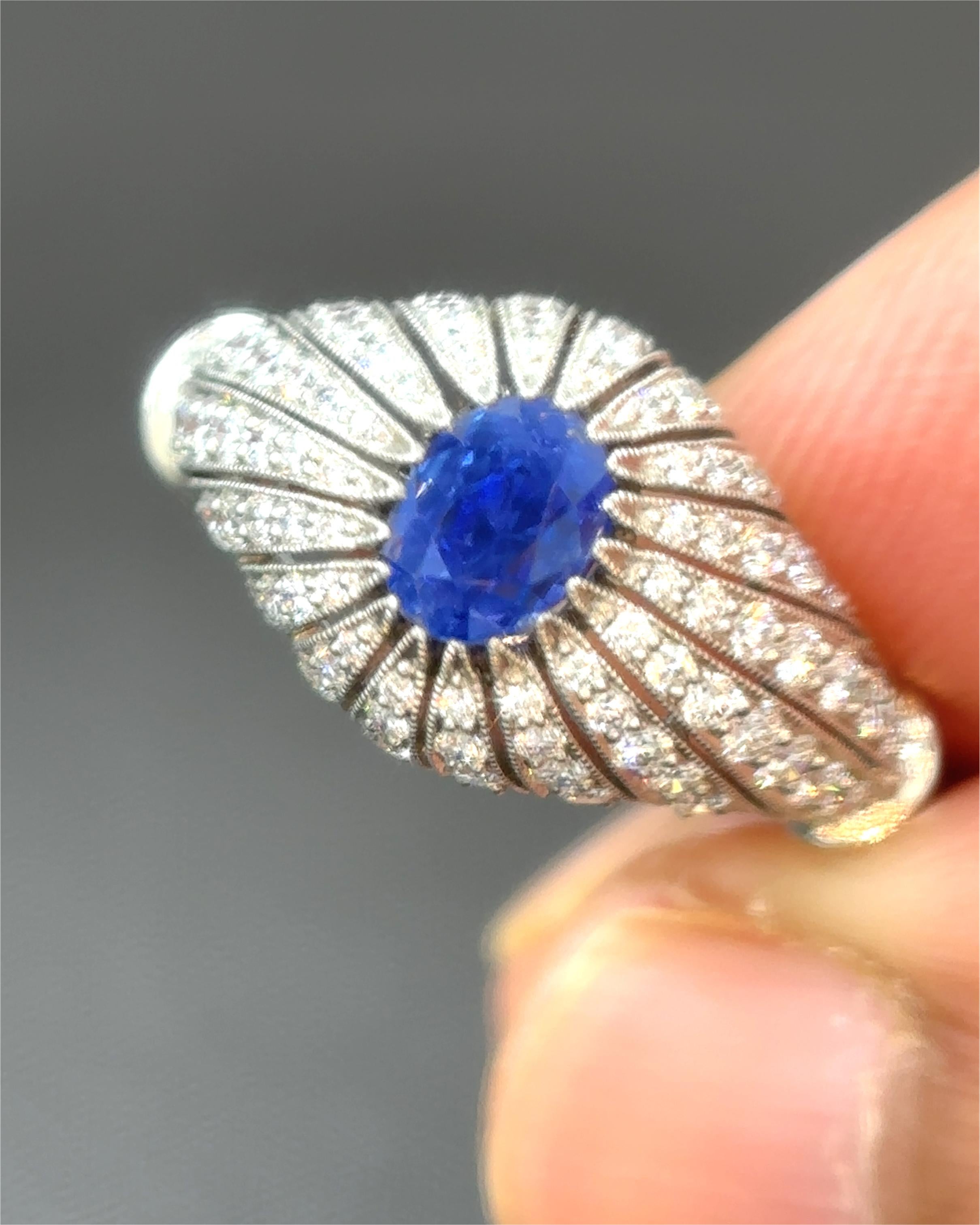 This exquisite 1.14 carat Kashmir unheated sapphire and diamond ring is a masterpiece of rarity and elegance, perfectly suited for the most discerning collectors. Sourced directly from the legendary mines of Kashmir, celebrated for producing the