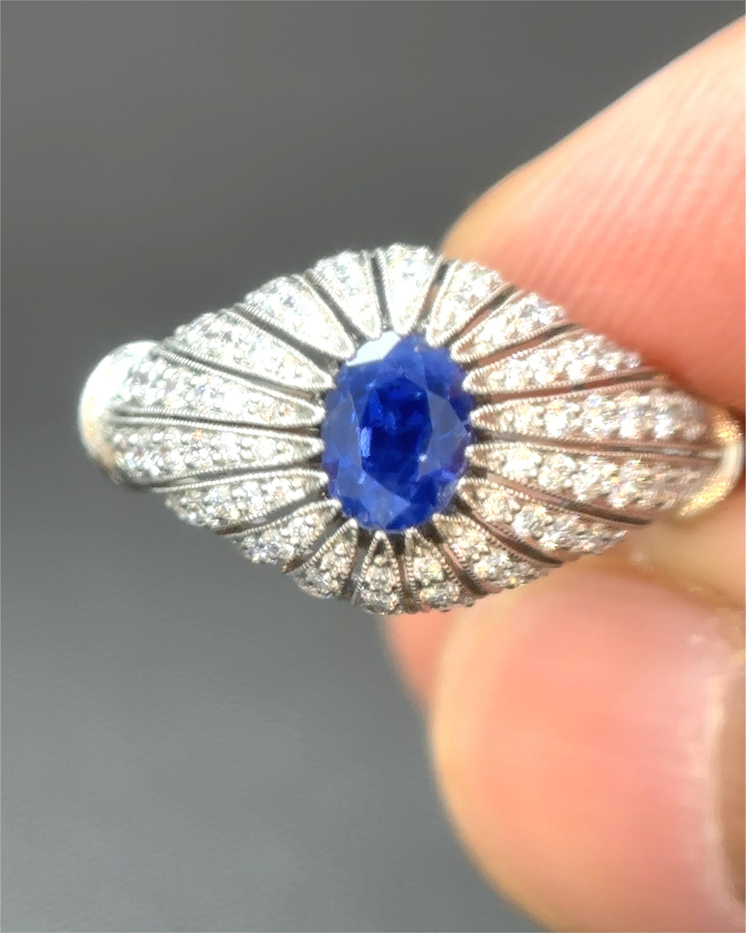 Cushion Cut SSEF Certified 1.14 Carat Kashmir No Heat Sapphire White Diamond Platinum Ring