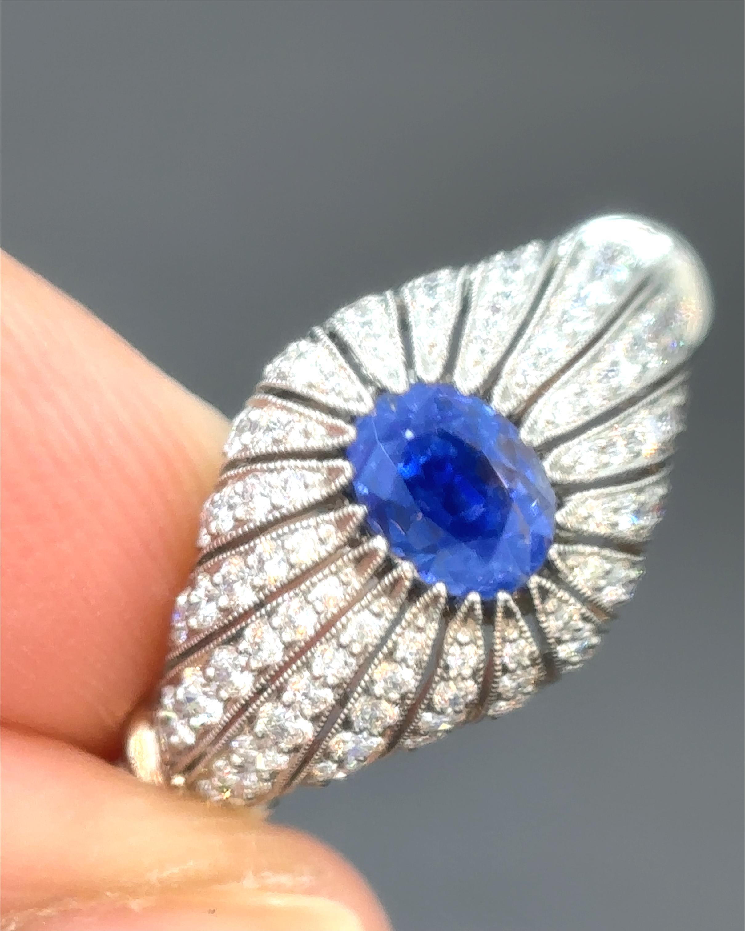 SSEF Certified 1.14 Carat Kashmir No Heat Sapphire White Diamond Platinum Ring 1