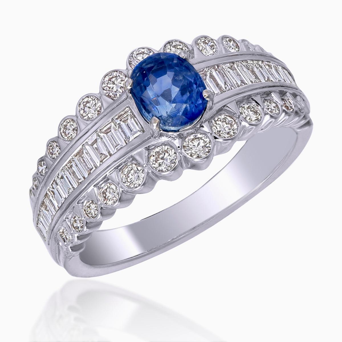Moderne Bague en or 18 carats avec saphir bleu du Cachemire certifié SSEF de 1,15 carat et diamant sans chaleur en vente
