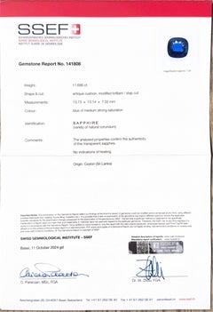 SSEF Certified 11.68 Ct. Ceylon Blue Unheated Sapphire Ring