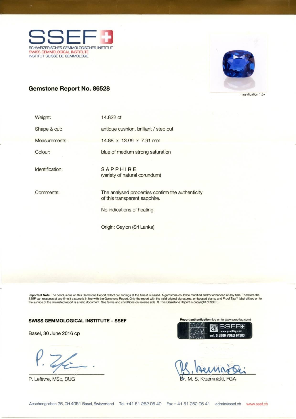 SSEF Certified 14.82 Carat Natural Blue Sapphire Diamond Ring In New Condition For Sale In Geneva, CH