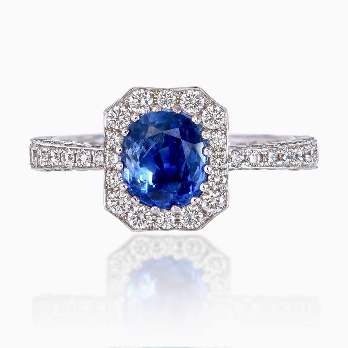 This ring from Rewa features a natural, unheated blue sapphire sourced from Kashmir, weighing 1.87 carats. Kashmir sapphires are among the rarest and most sought-after sapphires due to their origin, limited supply, and distinctive velvety blue