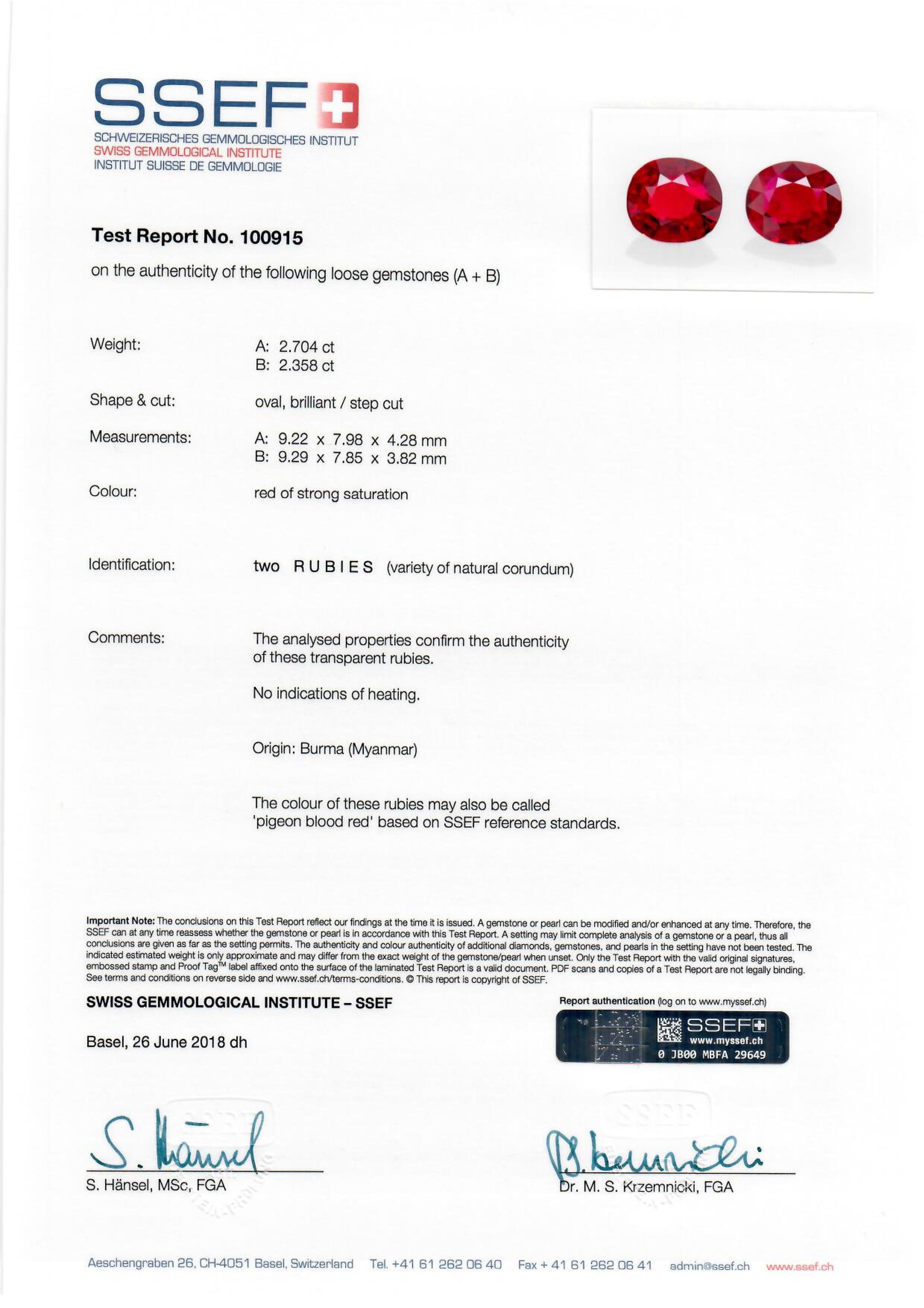 SSEF-zertifizierte 18,902 Karat unerhitzte birmanische Tauben Blut Rubin Ohrringe 18K Gold (Ovalschliff) im Angebot