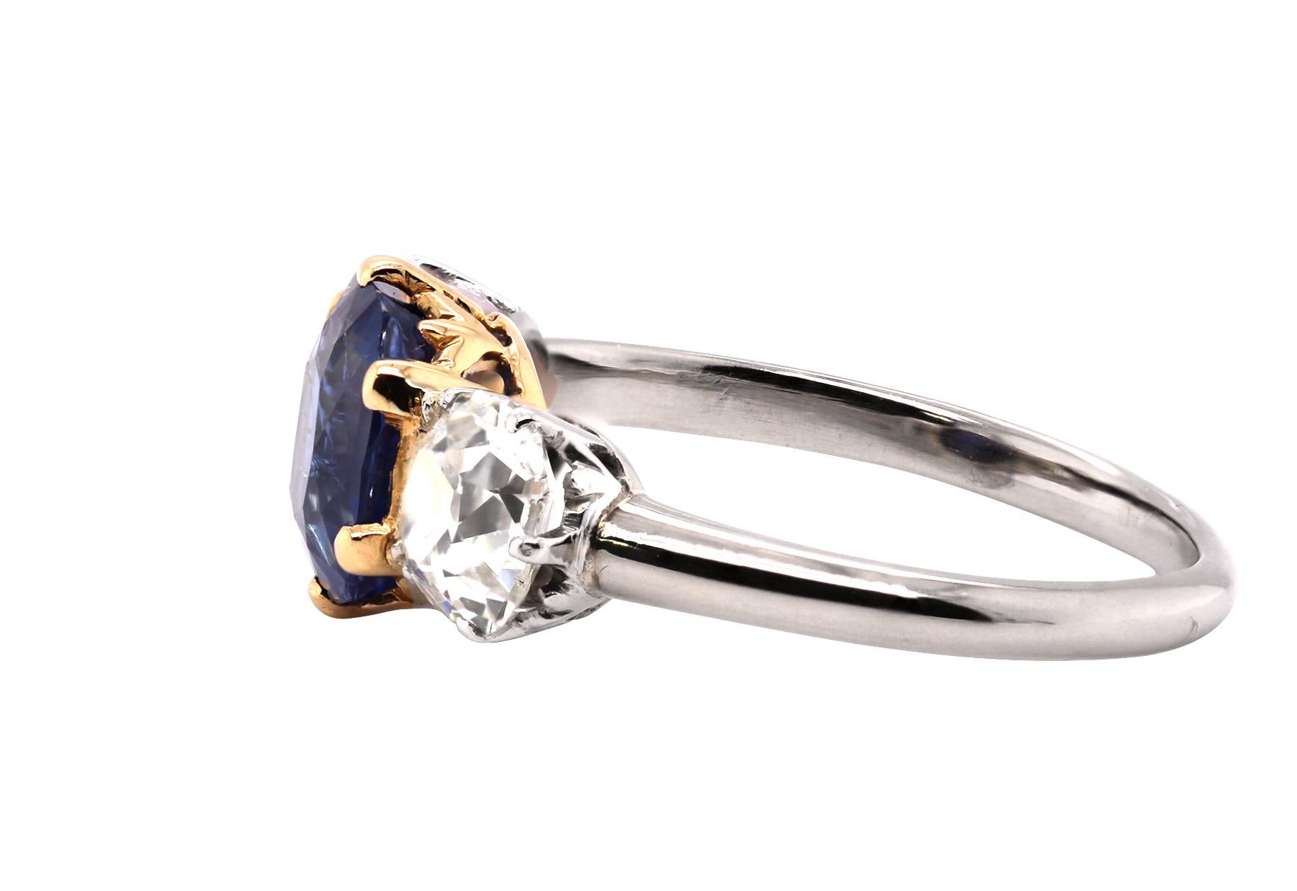 Women's SSEF Certified 2.2 Carat 1920s Kashmir Sapphire and Diamond Ring