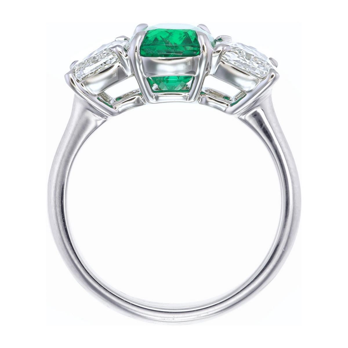 Contemporary SSEF Certified 2.27 Carat No Oil Colombian Emerald and Diamond Three-Stone Ring