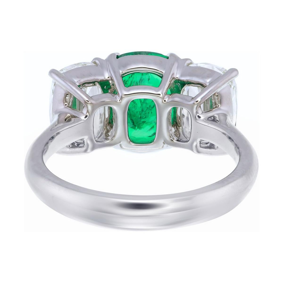 Antique Cushion Cut SSEF Certified 2.27 Carat No Oil Colombian Emerald and Diamond Three-Stone Ring