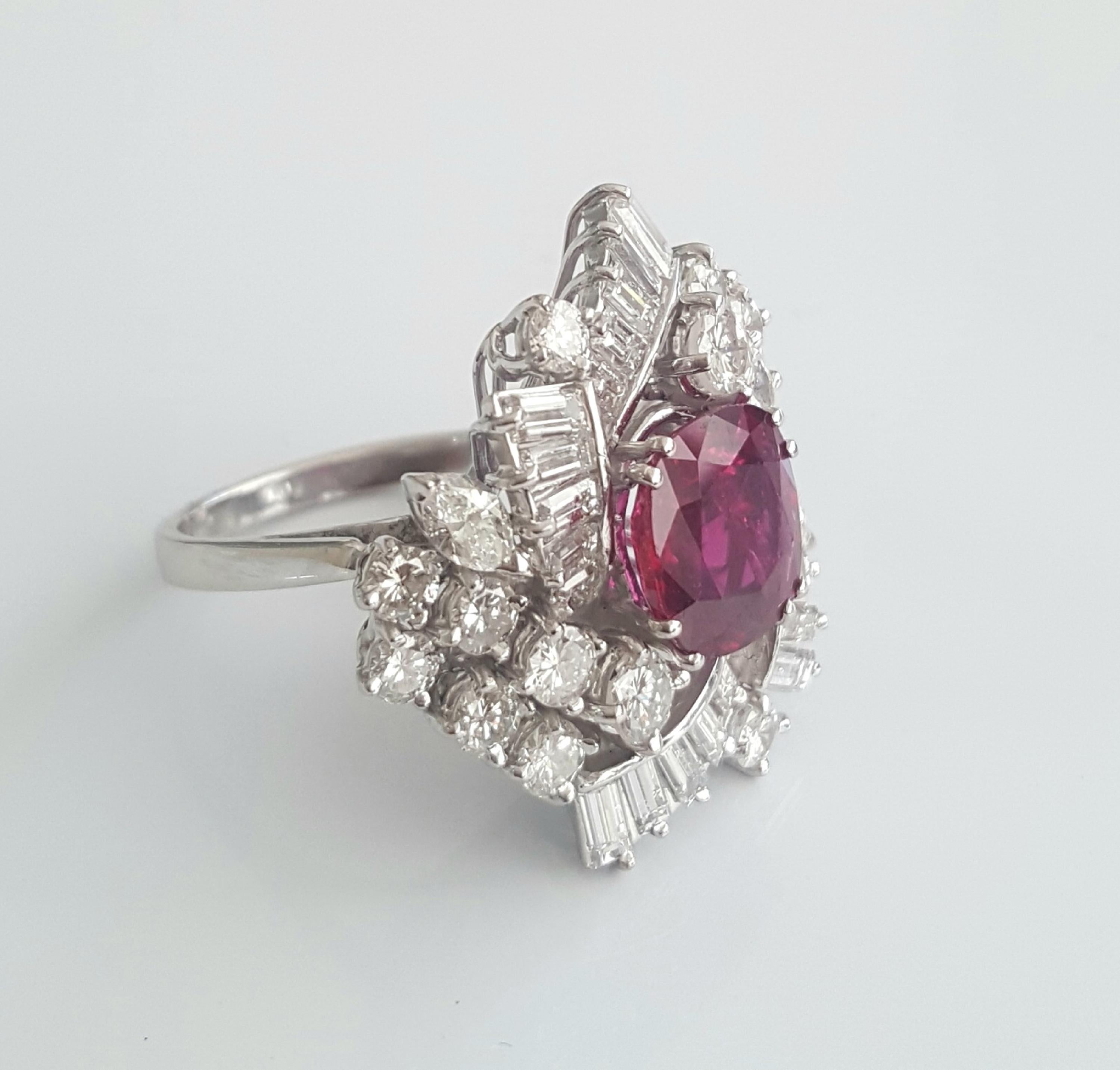 Cushion Cut SSEF Certified 2.50 Carat Cushion Natural Ruby ‘Heat’ and White Diamond Ring For Sale