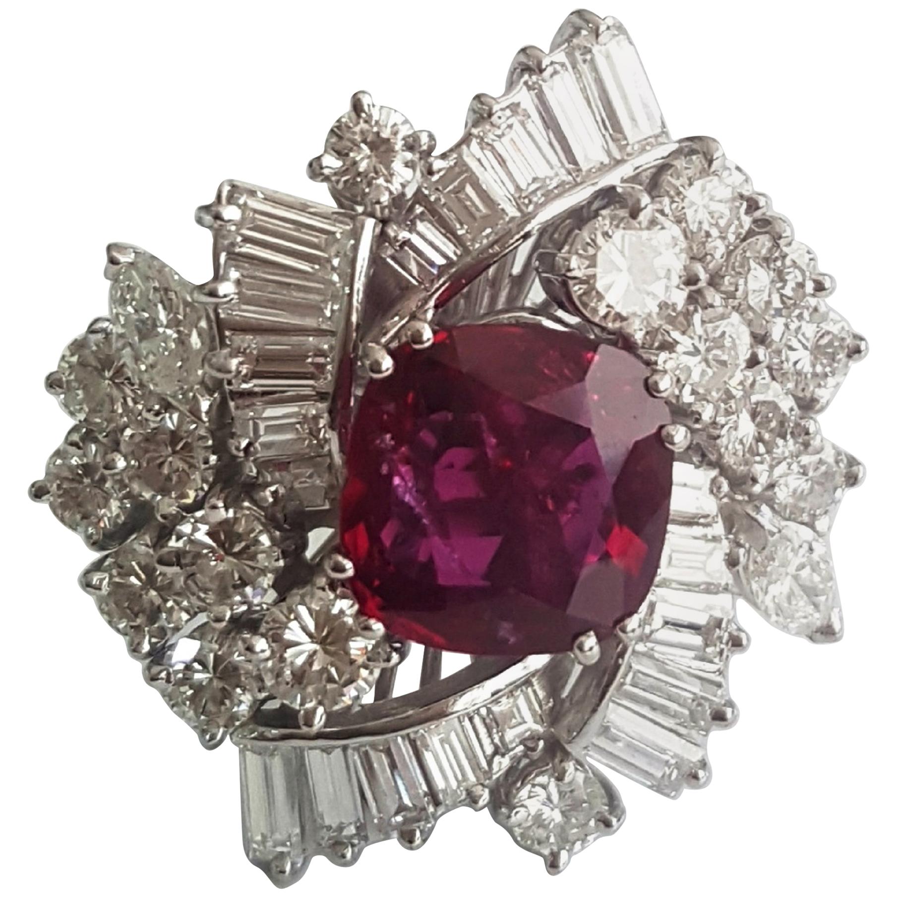 SSEF Certified 2.50 Carat Cushion Natural Ruby ‘Heat’ and White Diamond Ring For Sale
