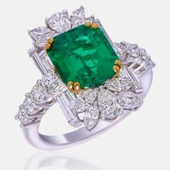 SSEF Certified 2.86 Carat Colombian Emerald No Oil Diamond Ring in 18 Karat Gold