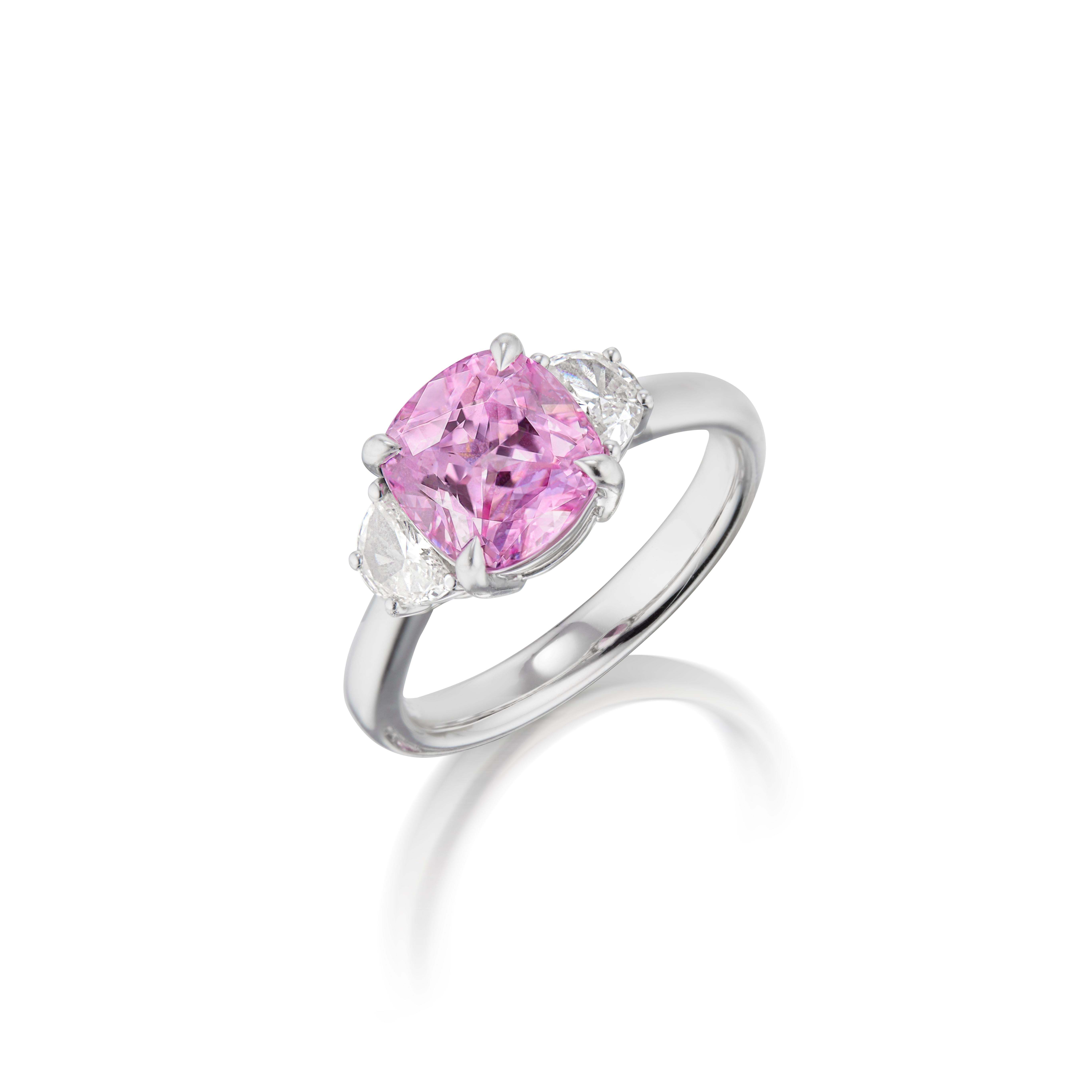 18K WHITE GOLD 
2 DIAMONDS  0.29 CARATS
1 NO-HEAT PINK BURMESE SAPPHIRE  3.063 CARATS
SSEF LAB CERTIFIED

Introducing our exquisite Ethereal Blush Burmese Pink Sapphire Ring, a true testament to timeless elegance and exceptional craftsmanship. This