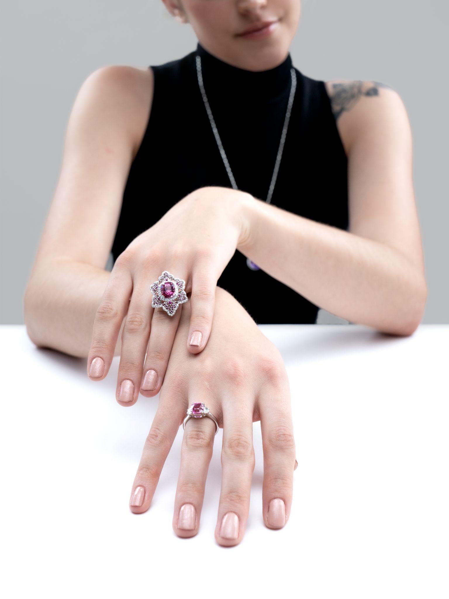 Women's SSEF Certified 3.063 Carat Burmese No Heat Pink Sapphire and Diamond Ring For Sale