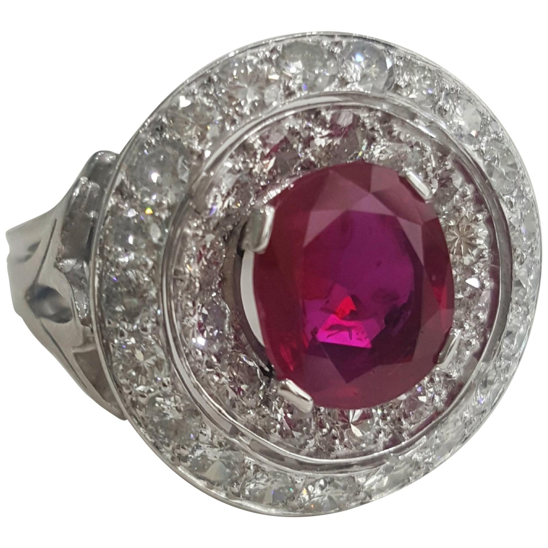 SSEF Certified 3.20 Carat Oval Purplish Red Ruby Burma No Heat And Diamond Ring For Sale