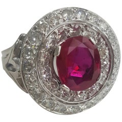 Vintage SSEF Certified 3.20 Carat Oval Purplish Red Ruby Burma No Heat And Diamond Ring