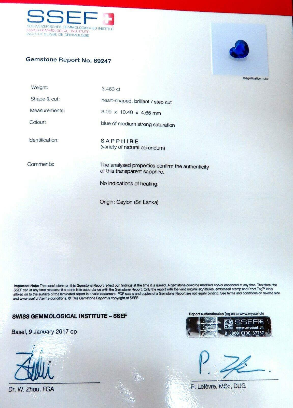 SSEF Certified 3.46ct Natural No Heat Blue Heart Sapphire Diamonds Necklace 18k 6