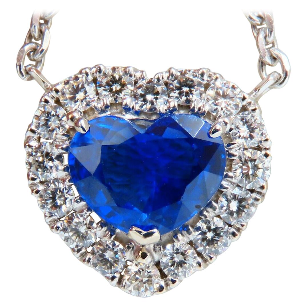 SSEF Certified 3.46ct Natural No Heat Blue Heart Sapphire Diamonds Necklace 18k