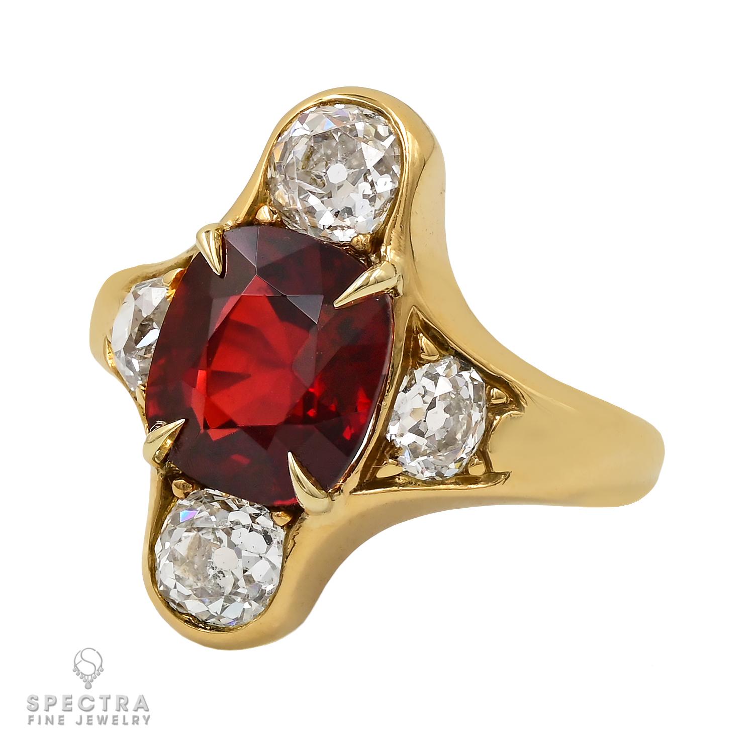 Introducing this exquisite Red Spinel Diamond Ring, showcasing a mesmerizing cushion-cut red spinel at its heart, radiating a fiery brilliance that captivates the eye. Certified by SSEF, this sparkling gem hails from the legendary mines of Burma,