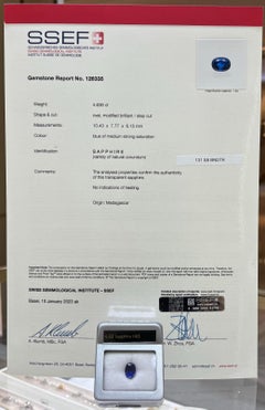 SSEF Certified 4 Carat No Heat Madagascar Blue Sapphire Diamond Ring