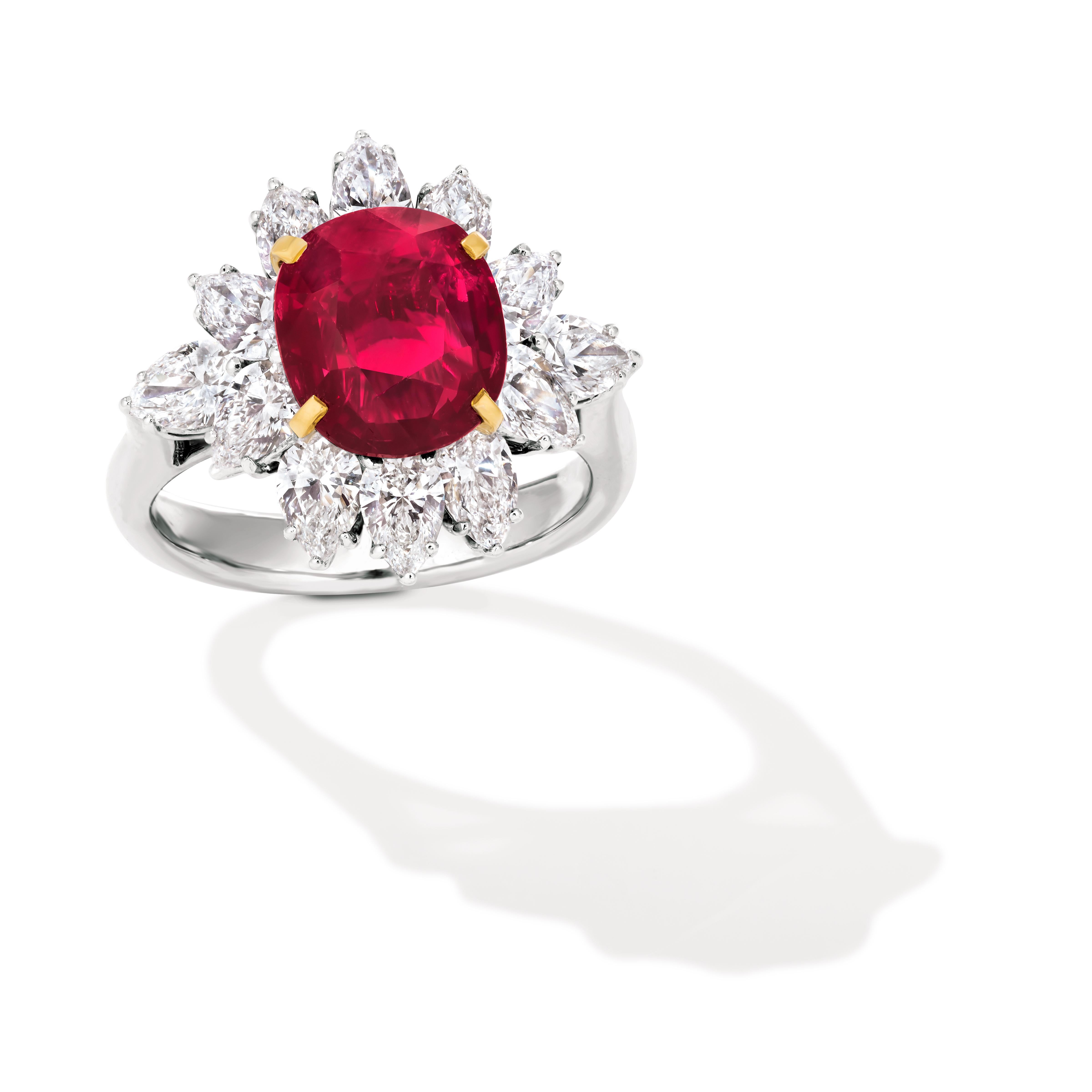 Oval Cut Triple Certified 4.09ct Natural Burmese Ruby & Diamond Cocktail Ring 18Kt Gold 