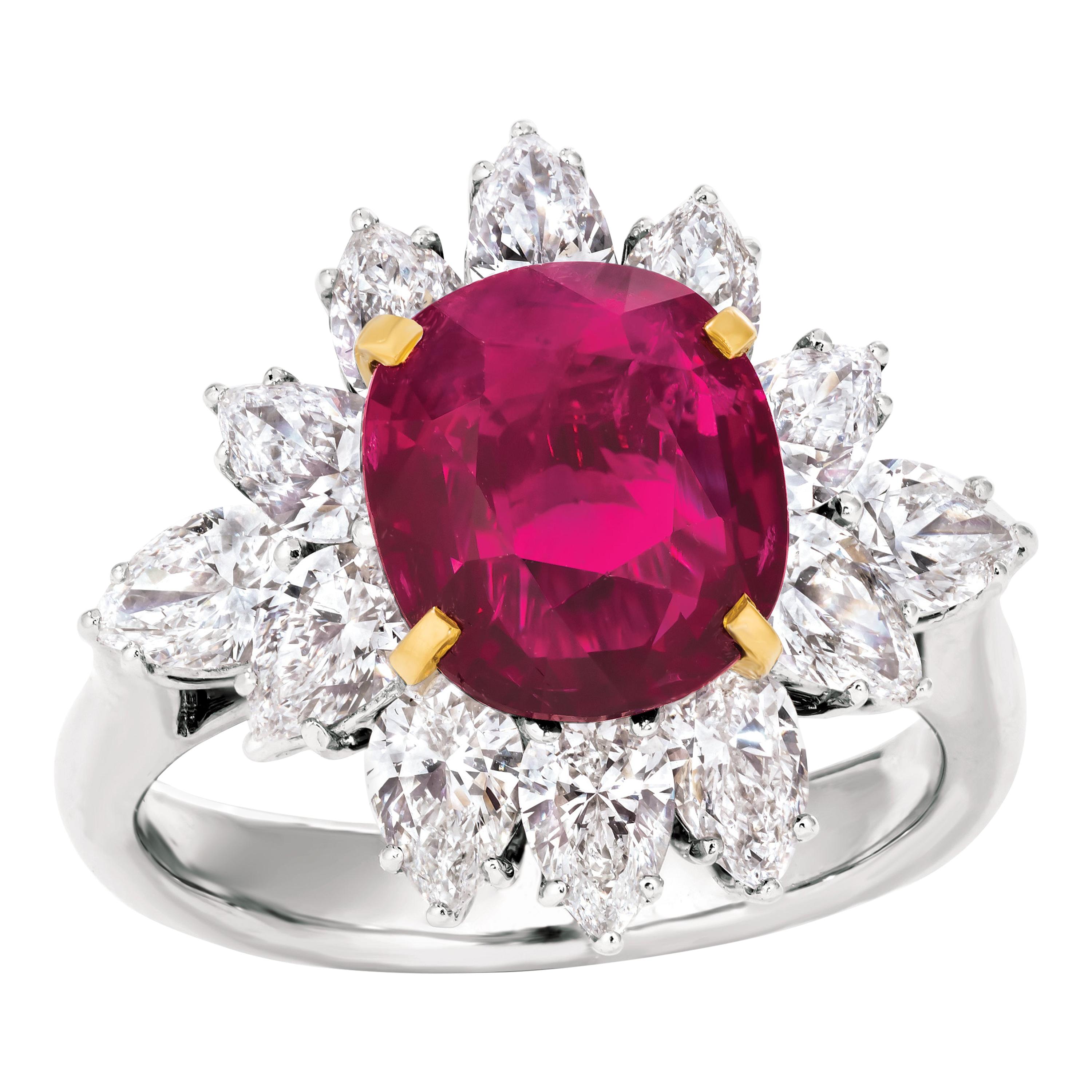 Triple Certified 4.09ct Natural Burmese Ruby & Diamond Cocktail Ring 18Kt Gold 