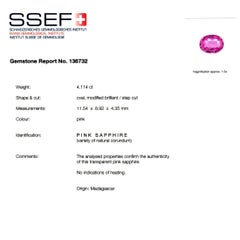 SSEF Certified 4.11 Carat Unheated Pink Sapphire Diamond Ring