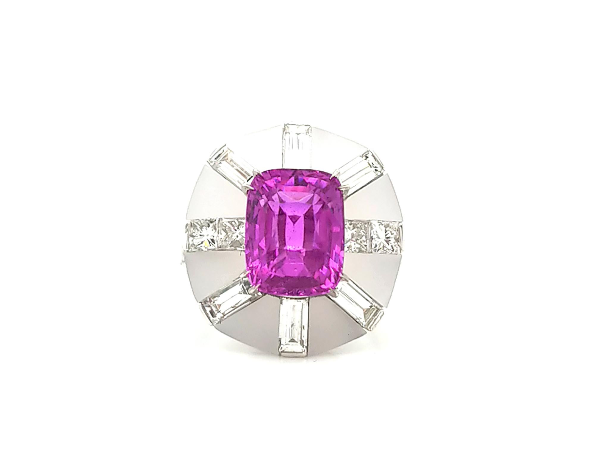 This beautiful cocktail ring is set with a 5.02 carat antique cushion center sapphire on top of a rock crystal.
The sapphire is certified with SSEF stating that is has no indication of heat.
It's also embellished with 6 baguette and 4 princess cut