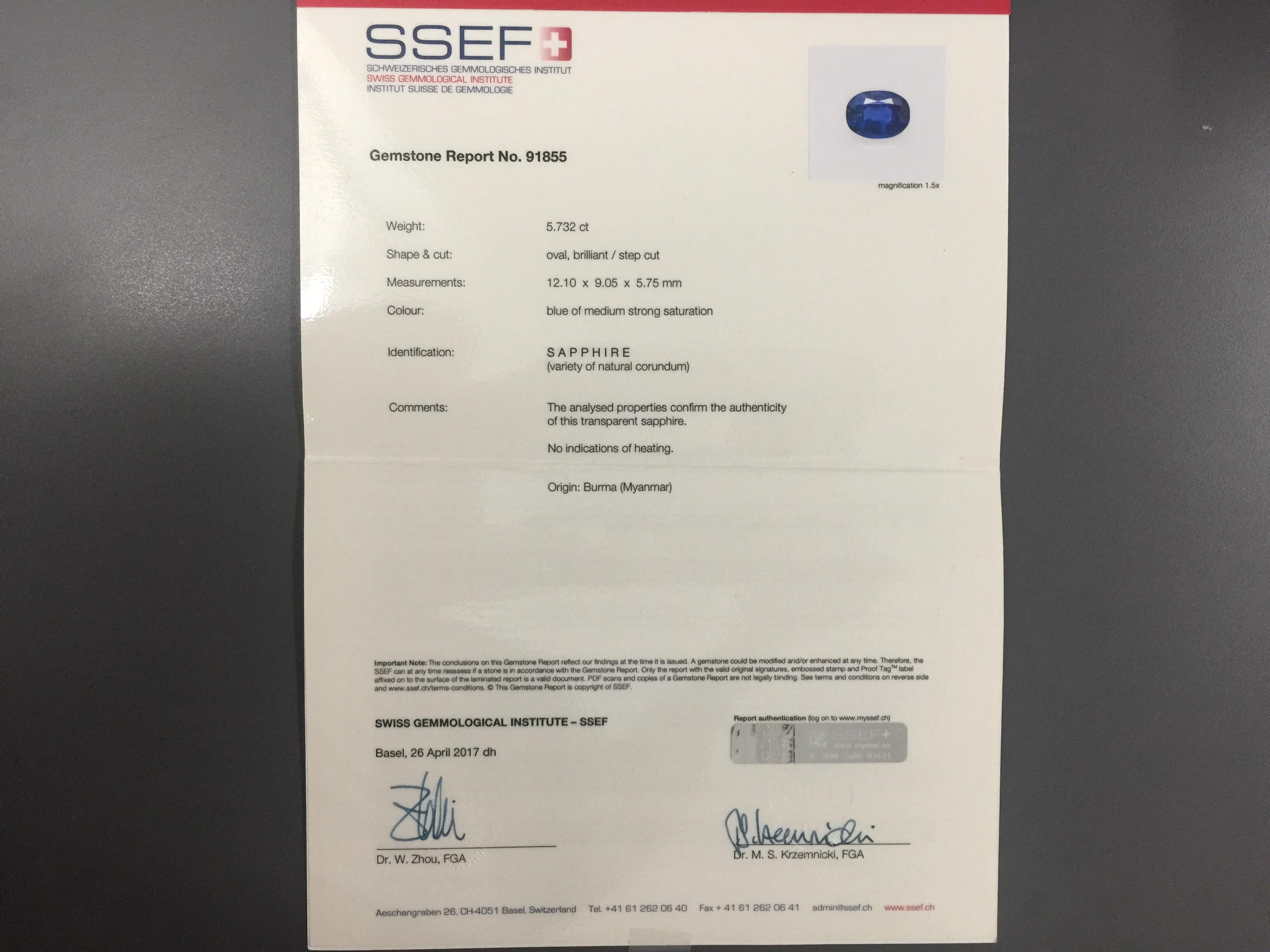 SSEF Certified 5.73 Carat Blue Sapphire Burma No Heat and Diamond Ring 1