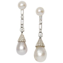 SSEF Certified 60 and 44 Grain Natural Pearl Diamond Drop Earrings