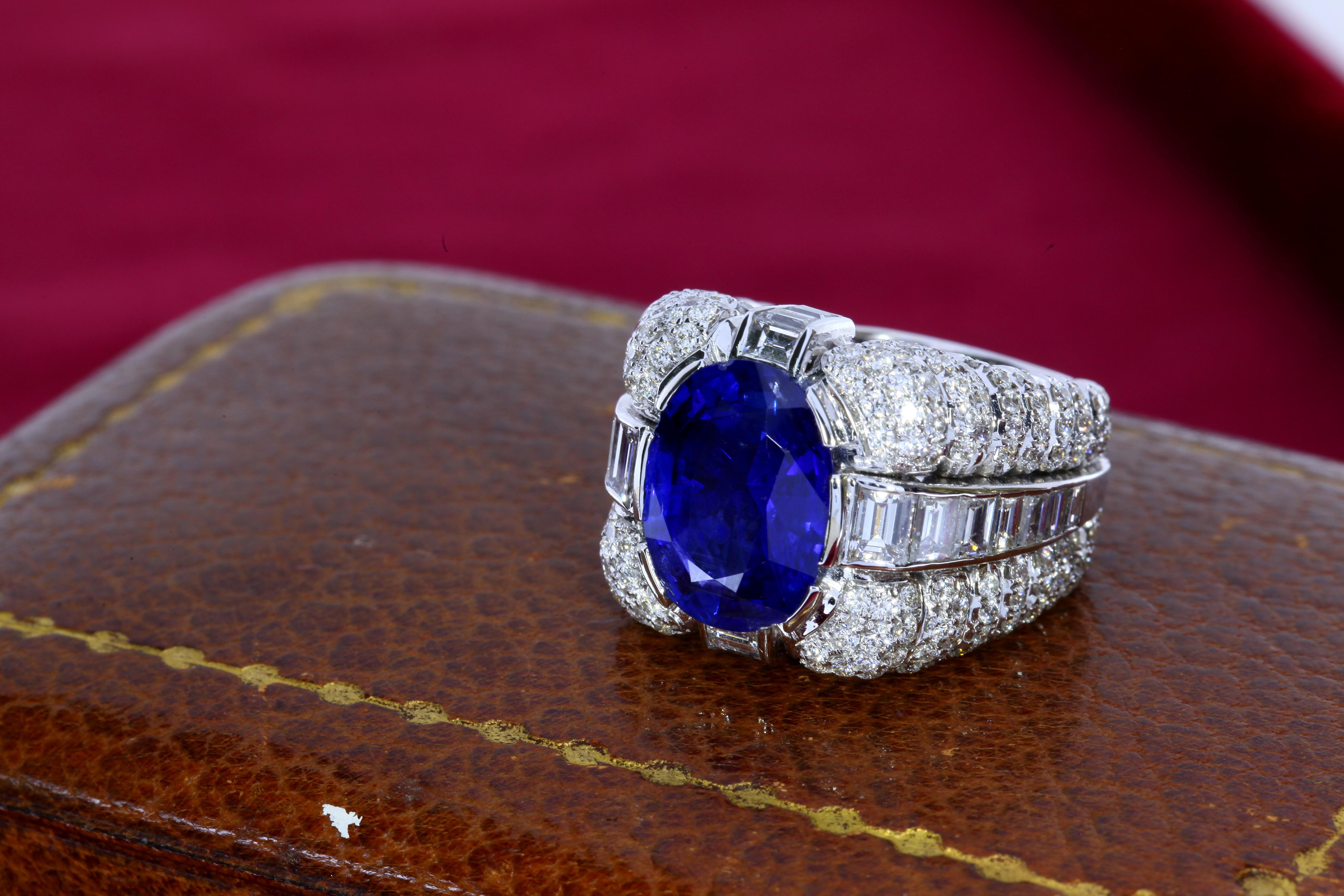 Oval Cut SSEF Certified 6.09 Carat Burmese Untreated Sapphire in a Diamond Ring For Sale