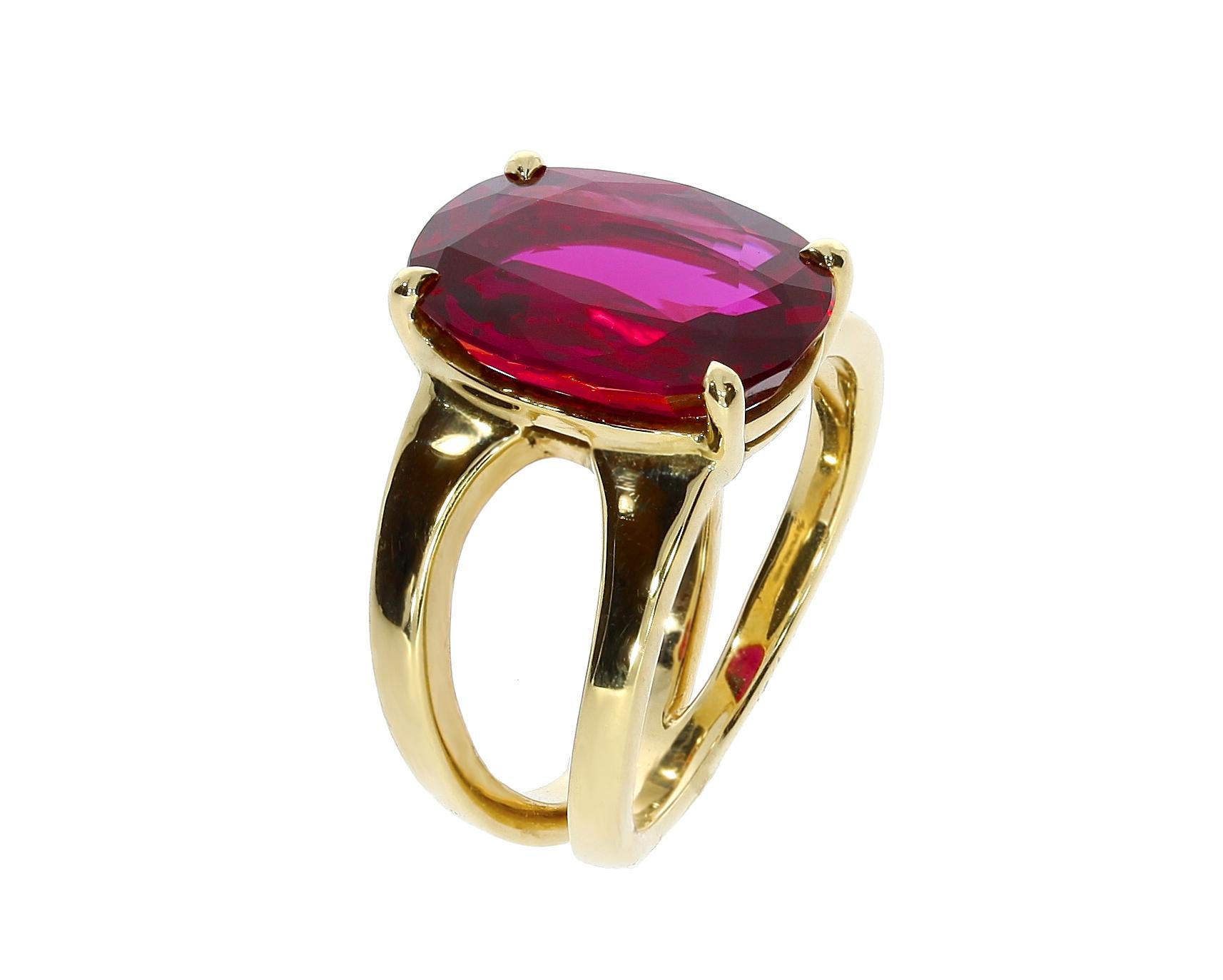 This simple and sleek ring features a stunning 6.79 carat antique cushion Siam Ruby with an 18 carat yellow gold band.  It's timeless design ensures that it can be worn for many years to come and always remain in-style. Will make the perfect