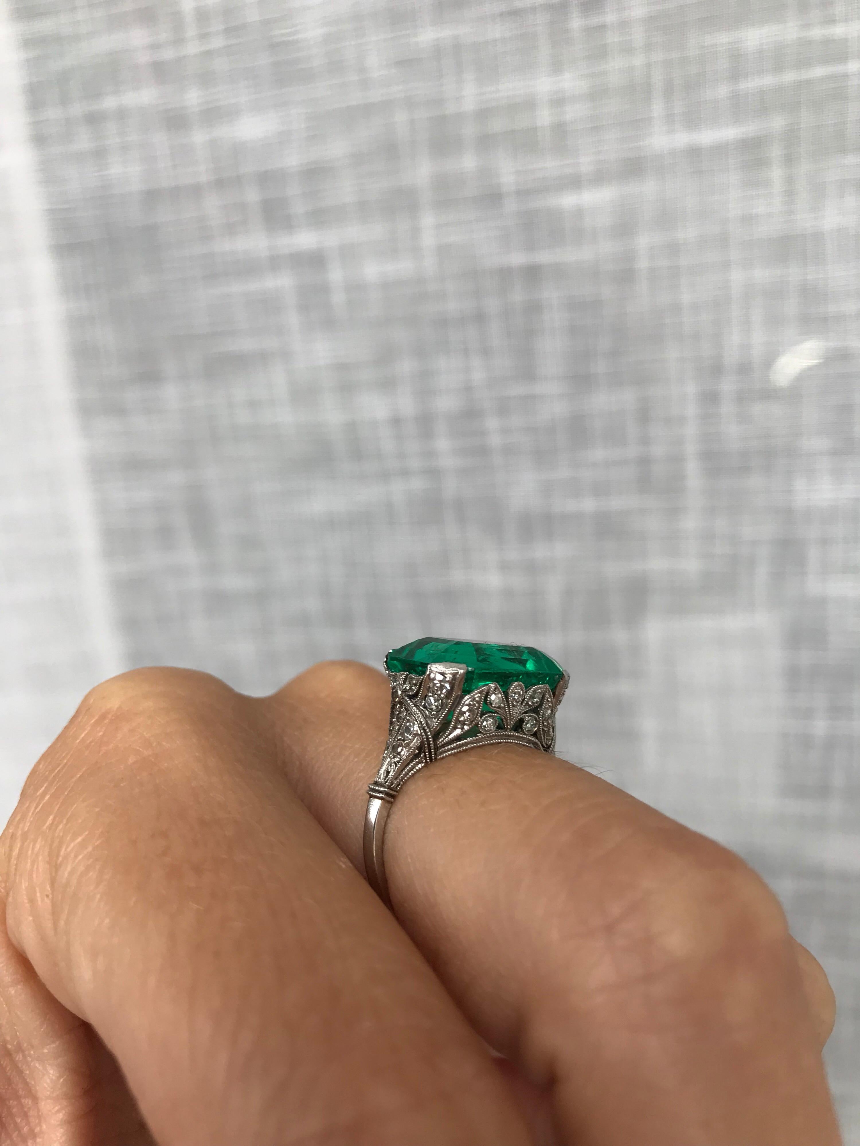 Ssef Certified 7.85 Carat Colombian Emerald Art Deco Diamond Platinum Ring 6