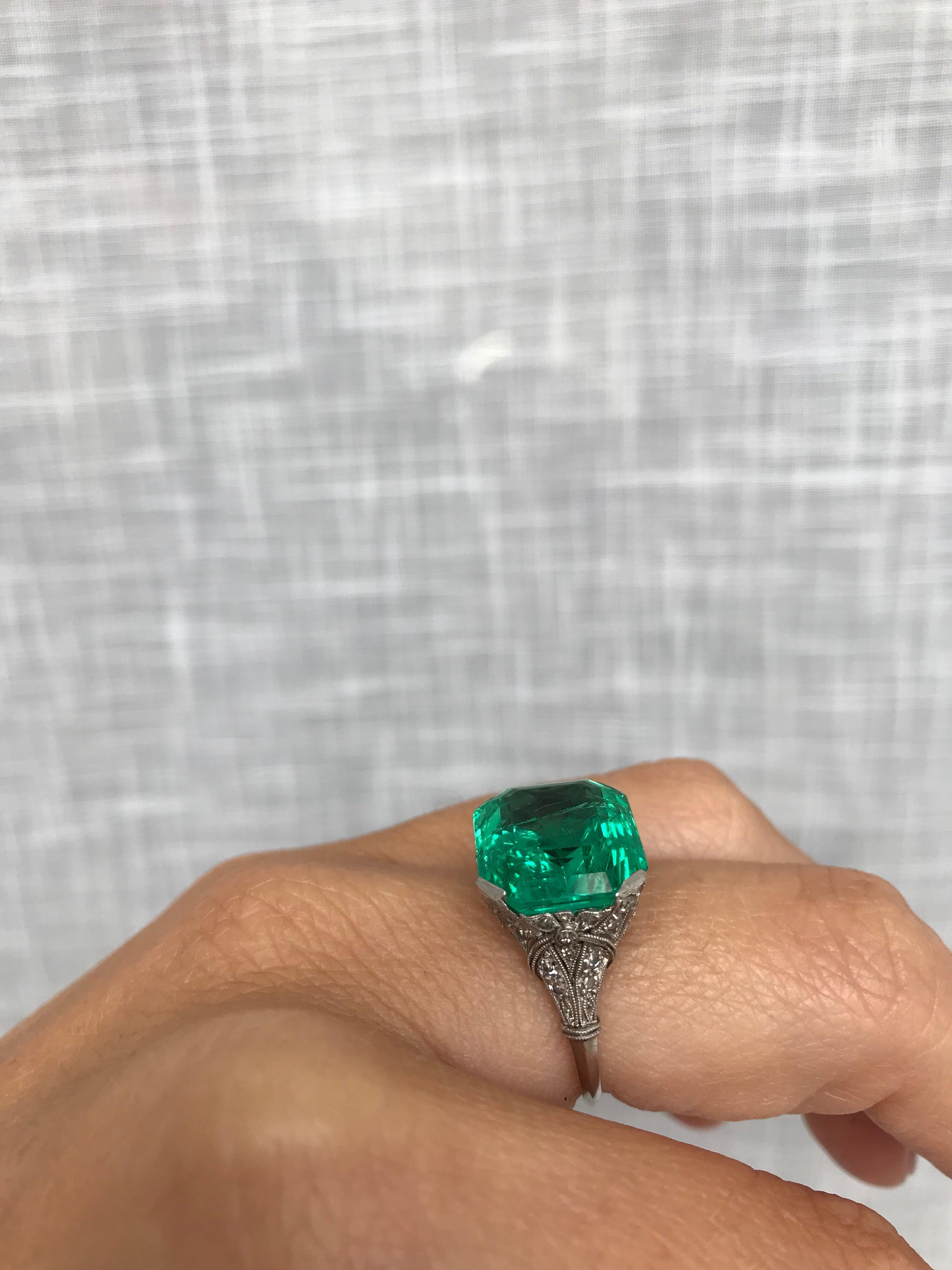 Ssef Certified 7.85 Carat Colombian Emerald Art Deco Diamond Platinum Ring 7