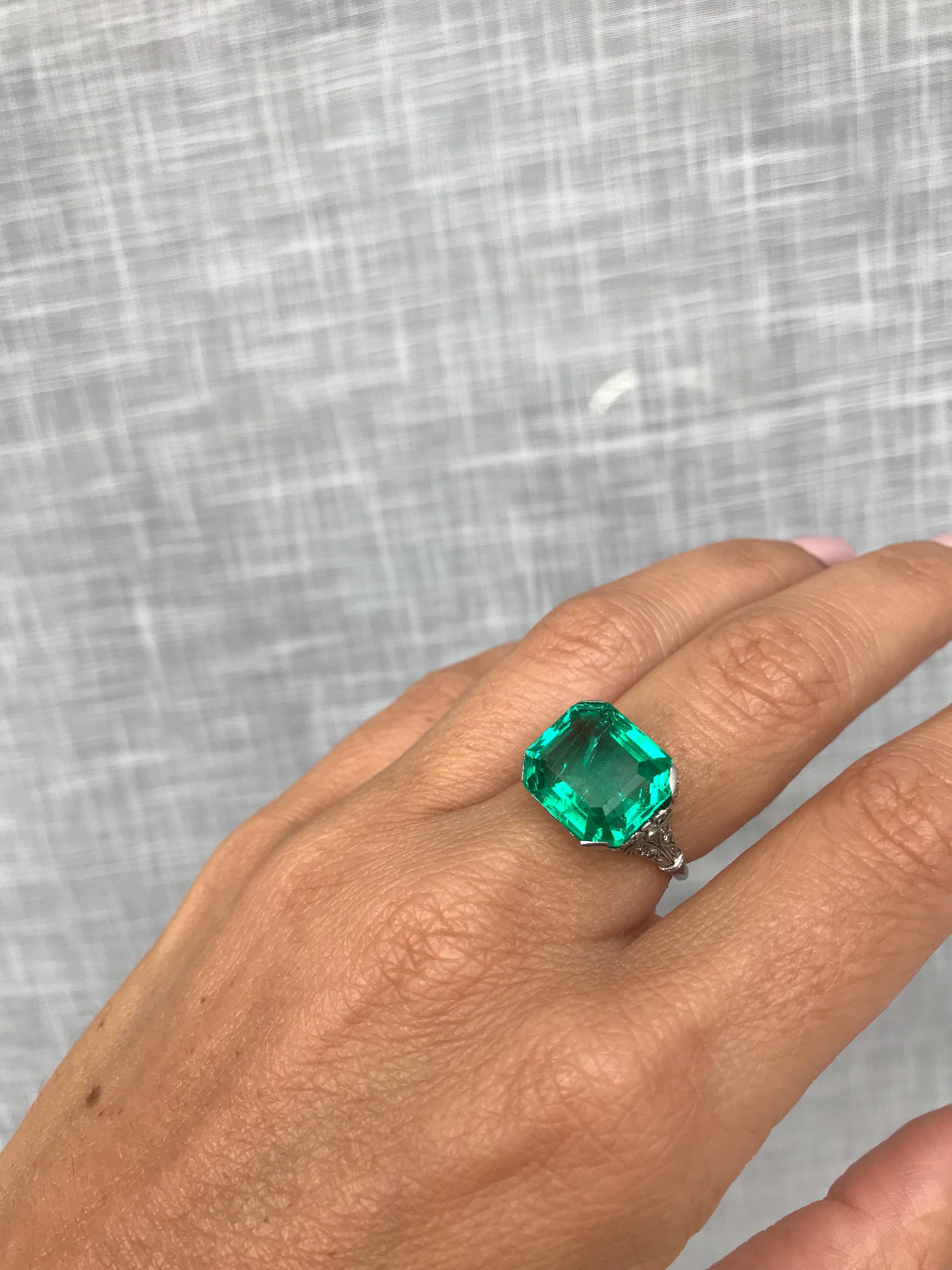 Ssef Certified 7.85 Carat Colombian Emerald Art Deco Diamond Platinum Ring 8