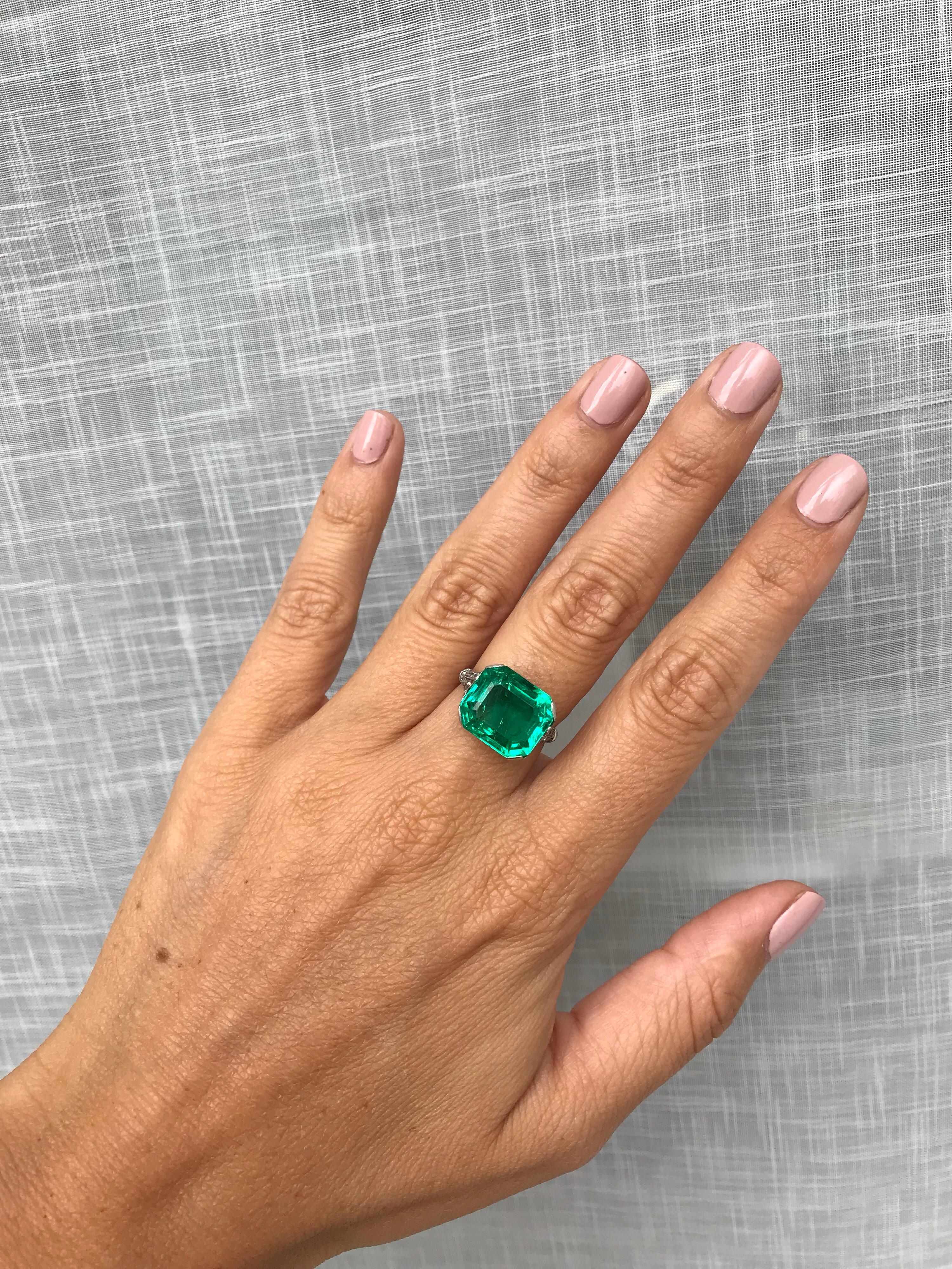 Ssef Certified 7.85 Carat Colombian Emerald Art Deco Diamond Platinum Ring 9