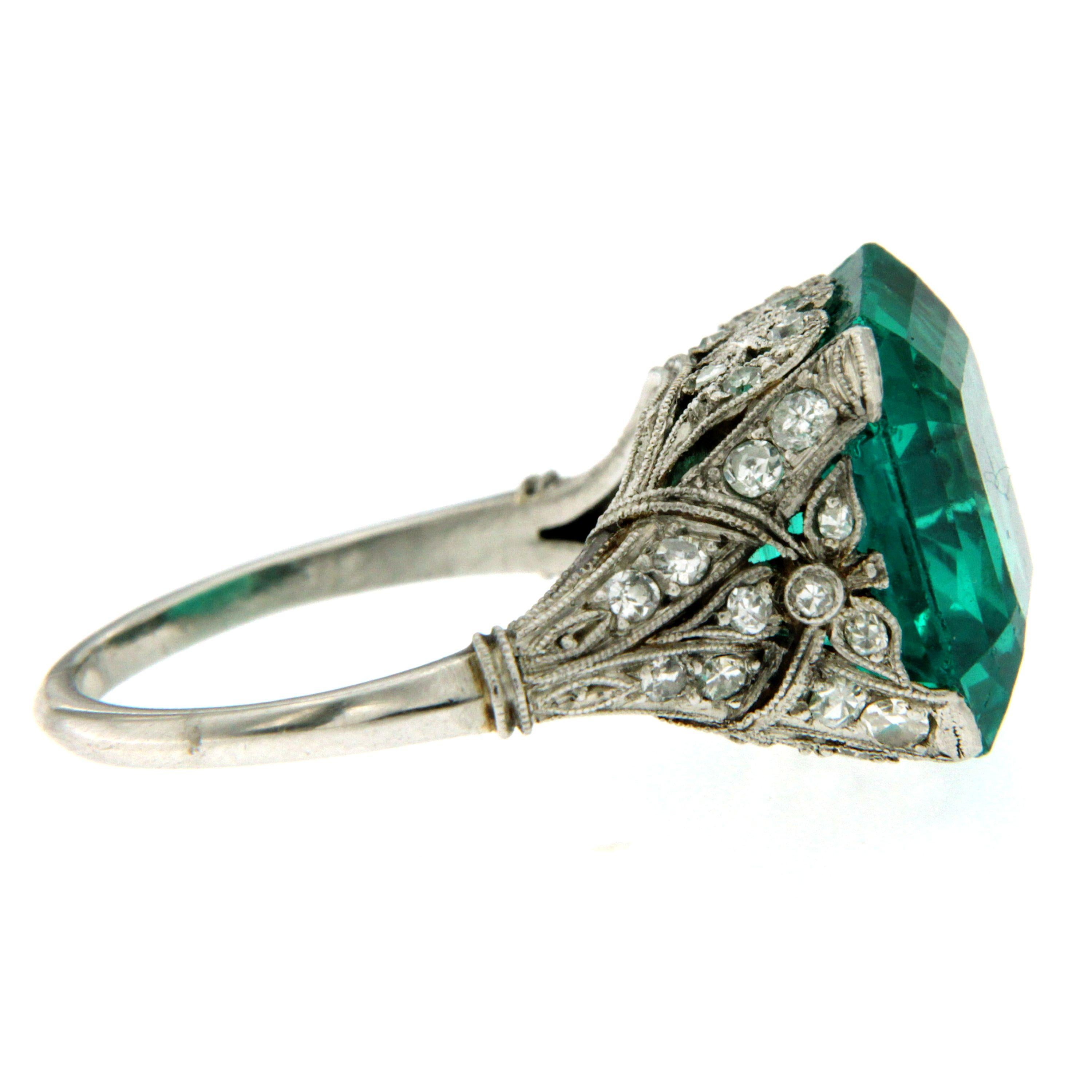 Women's Ssef Certified 7.85 Carat Colombian Emerald Art Deco Diamond Platinum Ring