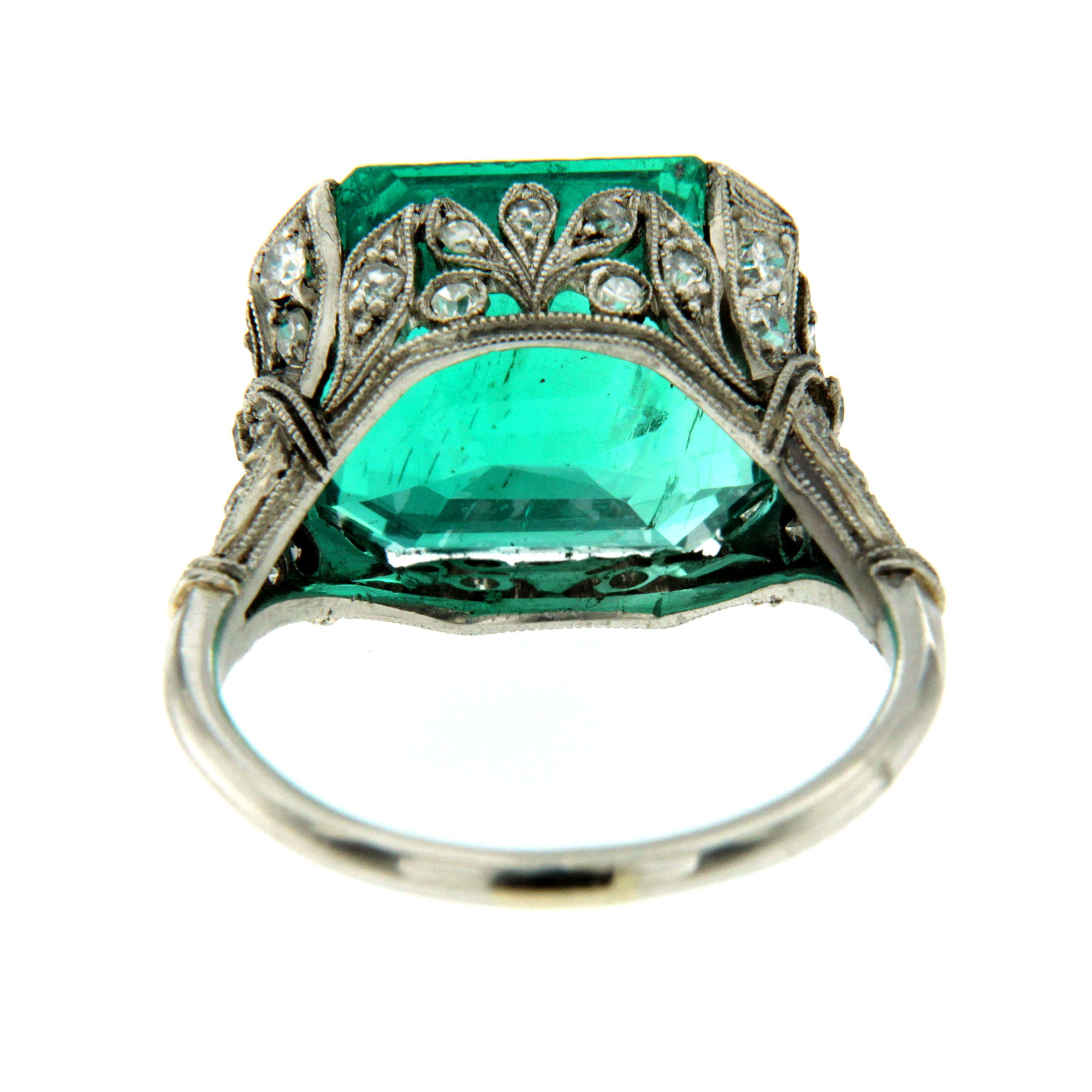 Ssef Certified 7.85 Carat Colombian Emerald Art Deco Diamond Platinum Ring 1