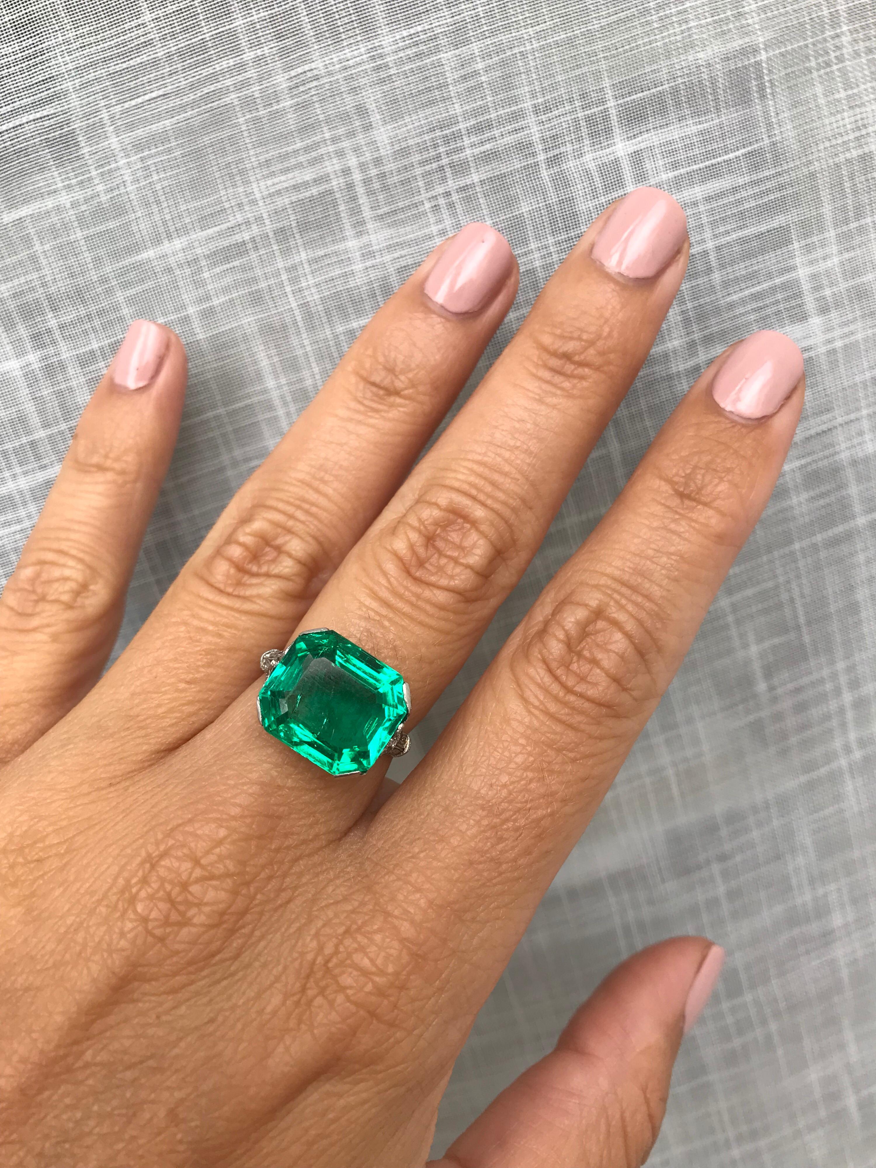 Ssef Certified 7.85 Carat Colombian Emerald Art Deco Diamond Platinum Ring 4