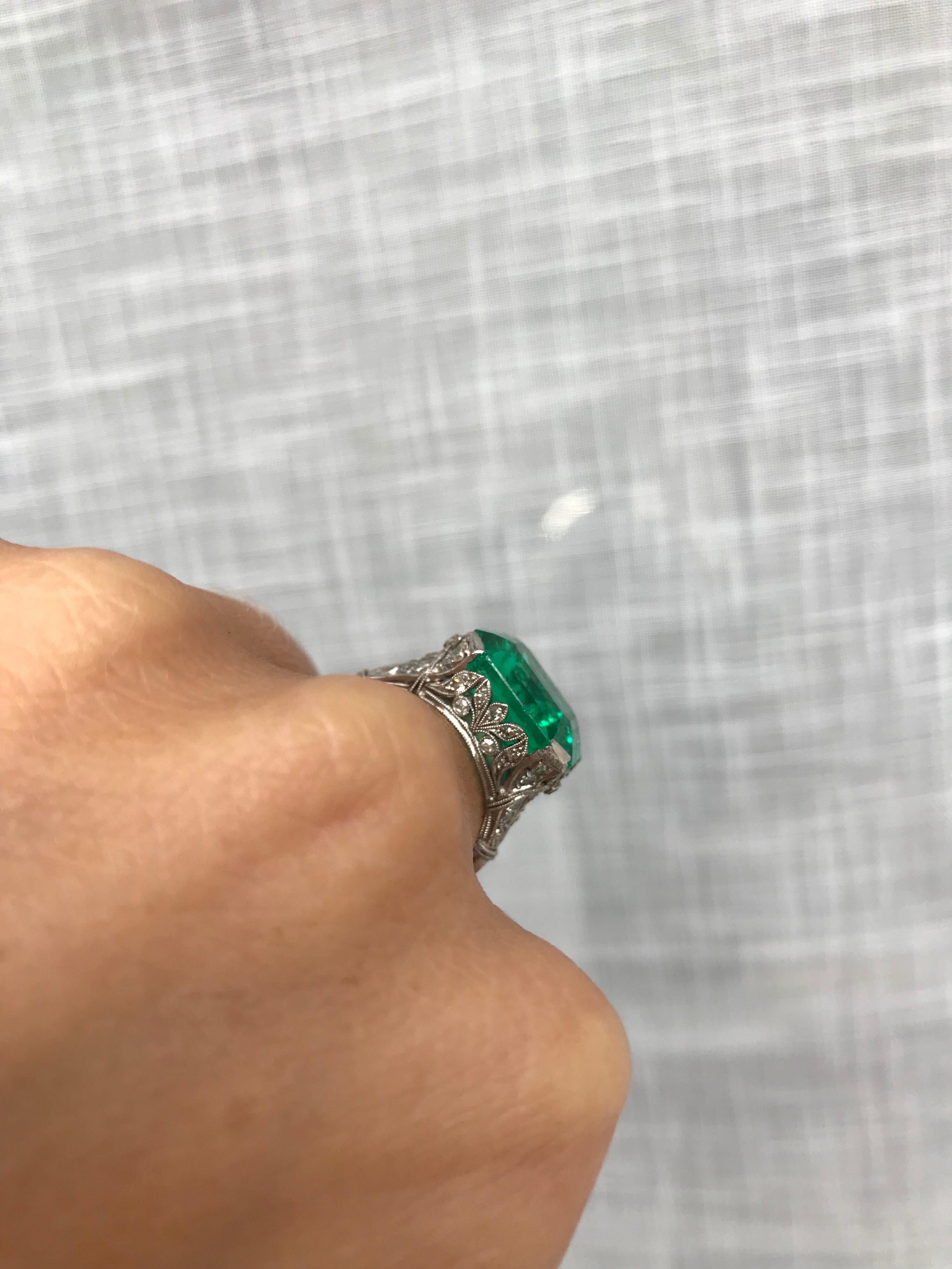 Ssef Certified 7.85 Carat Colombian Emerald Art Deco Diamond Platinum Ring 5