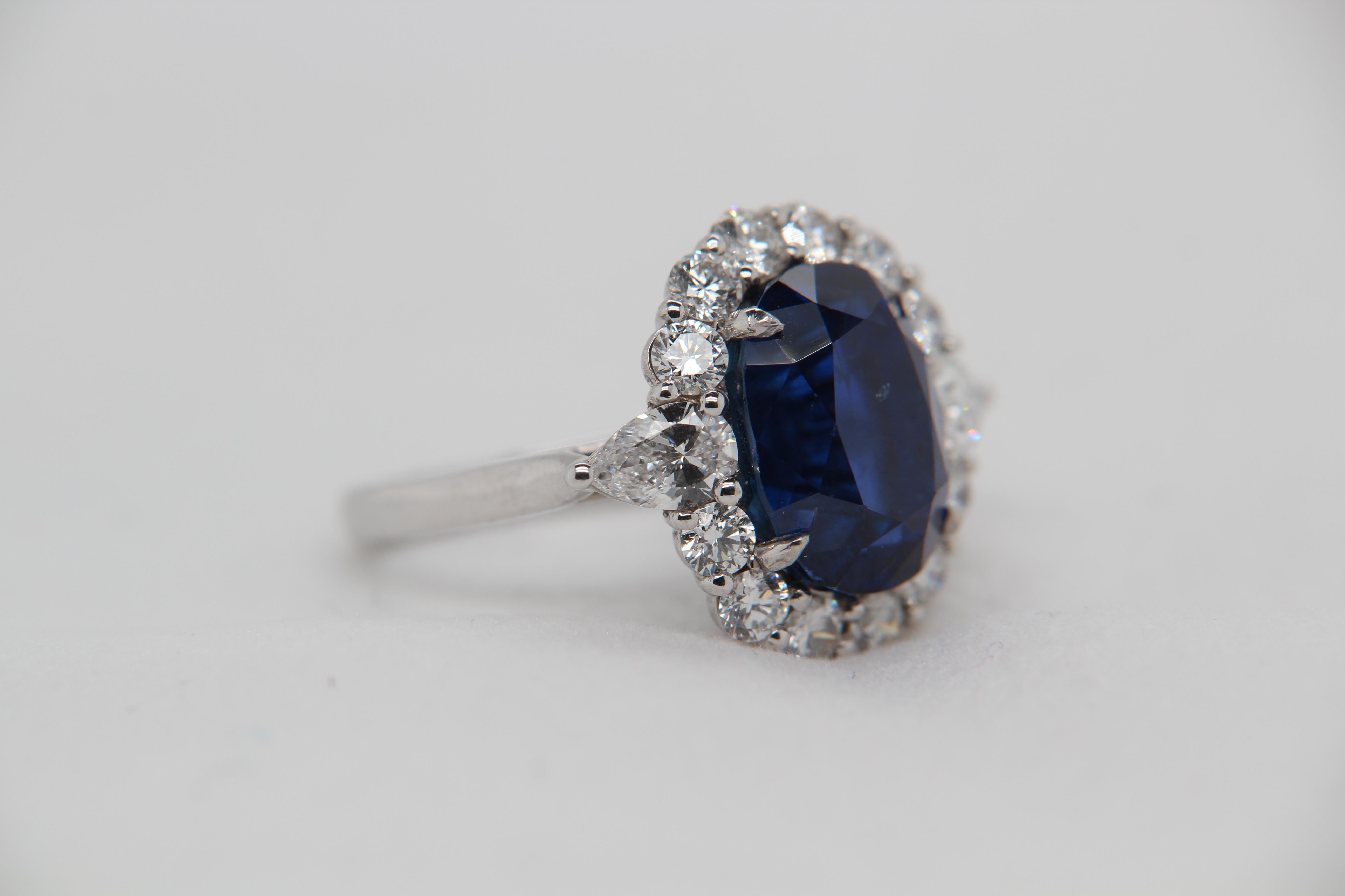 Oval Cut SSEF Certified 9.54 Carat Burmese No Heat Blue Sapphire and Diamond Ring
