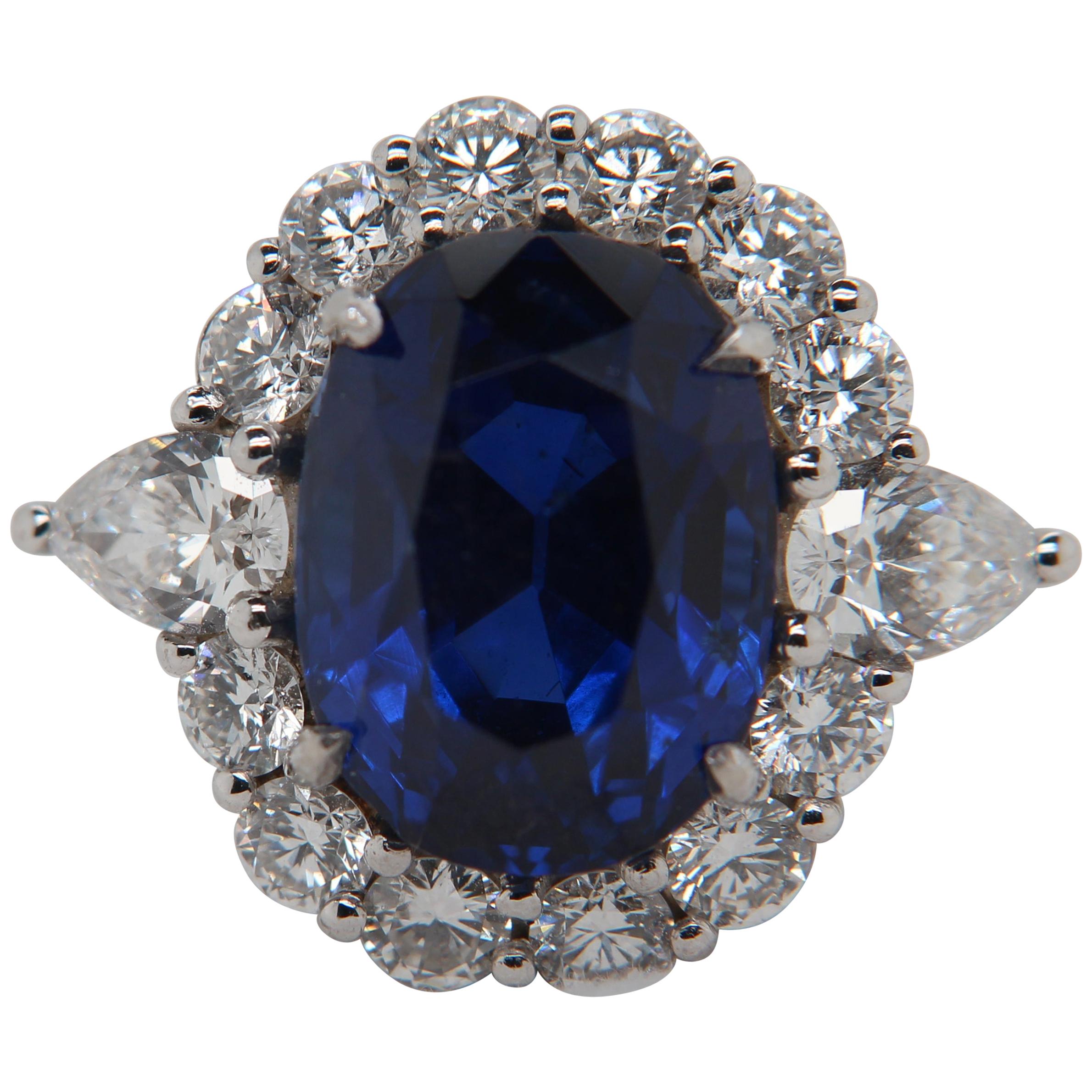 SSEF Certified 9.54 Carat Burmese No Heat Blue Sapphire and Diamond Ring
