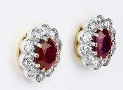 SSEF Certified Natural Burma, Myanmar Ruby and Diamonds Cluster Earrings, Retro