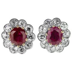 SSEF Certified Natural Burma, Myanmar Ruby and Diamonds Cluster Earrings, Retro