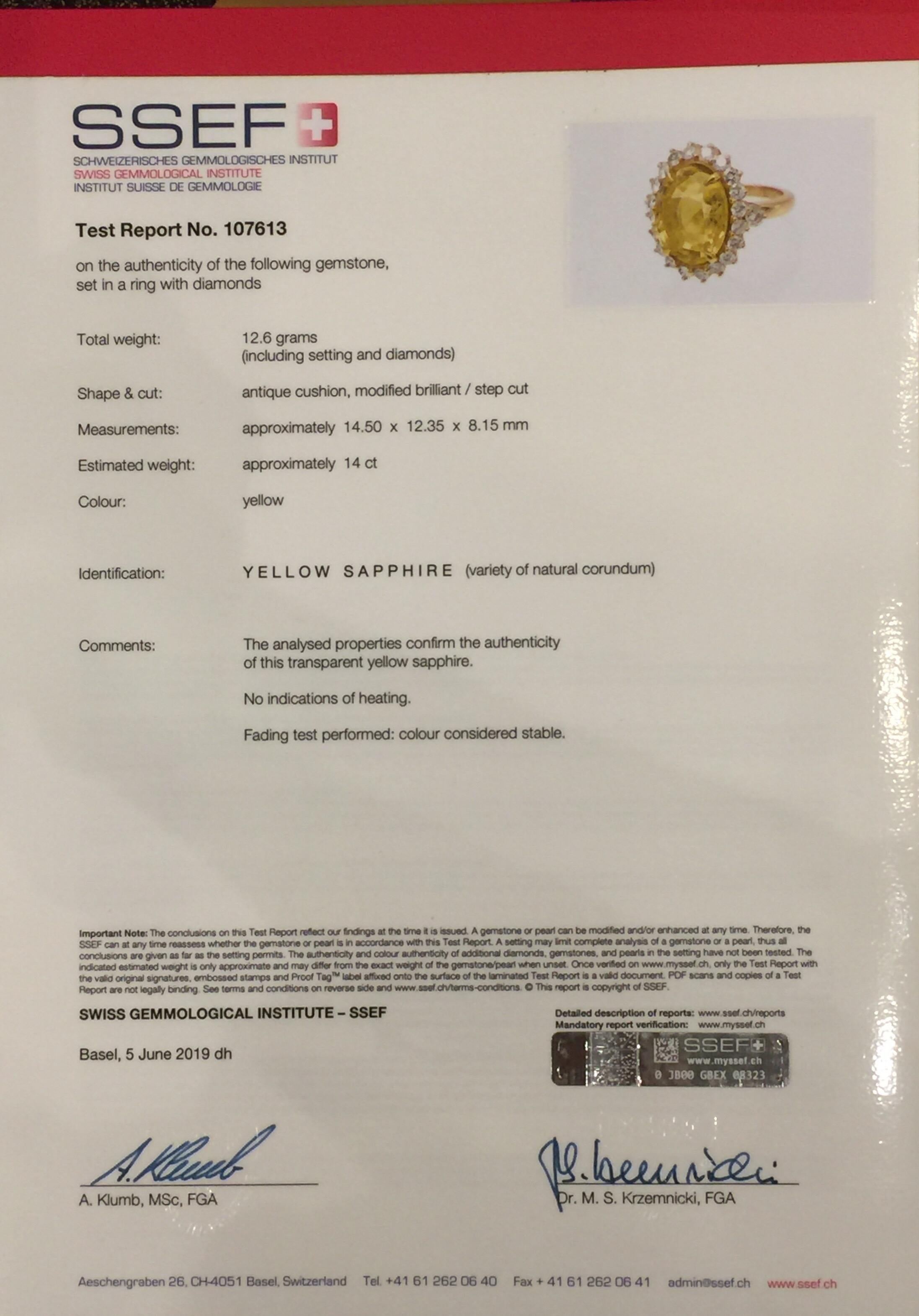 SSEF-zertifizierter natürlicher unbehandelter gelber Saphir-Diamantring im Angebot 4