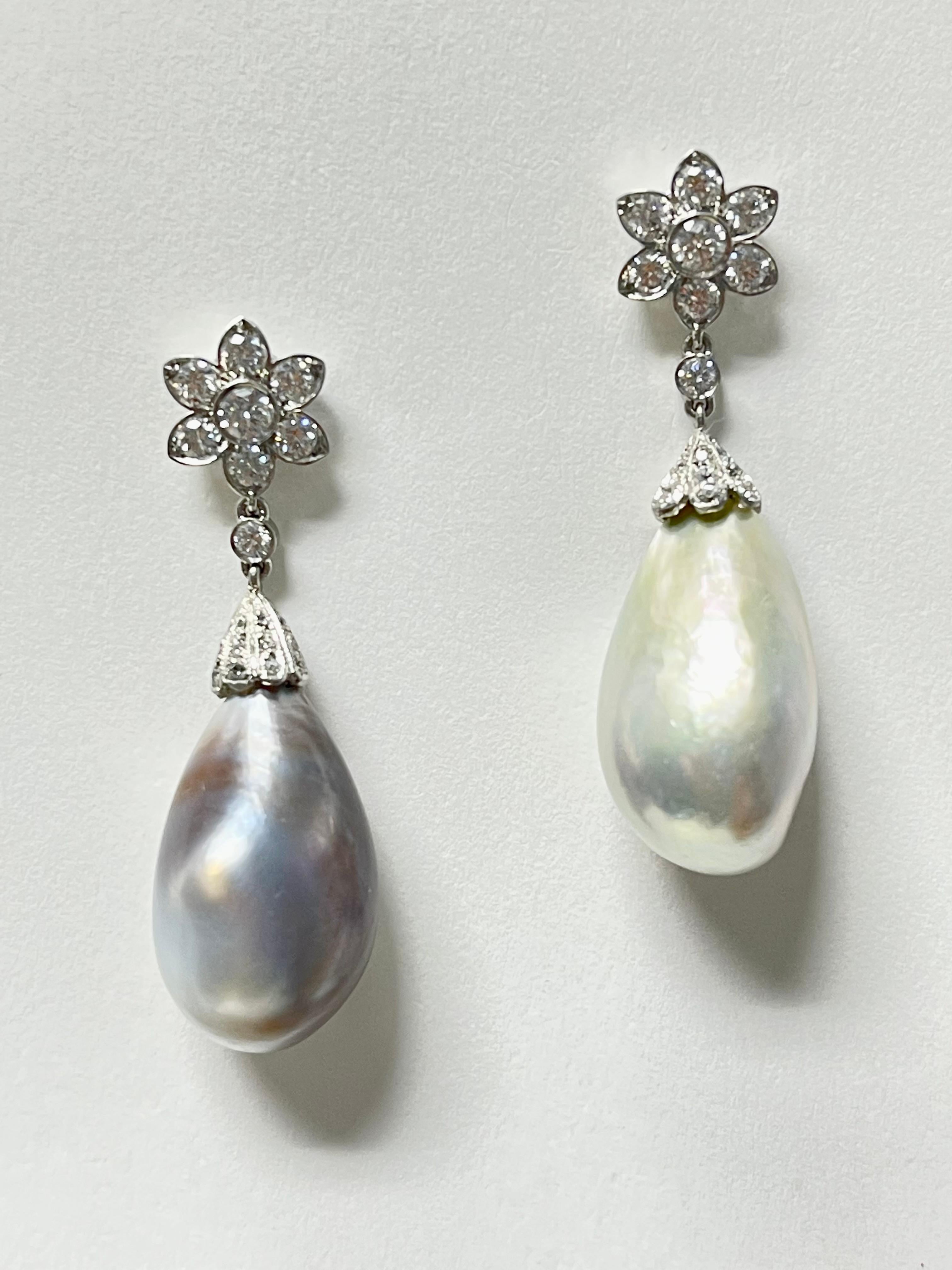 Boucles d'oreilles de style Tiffany en platine avec perles naturelles certifiées SSEF et diamants Unisexe en vente