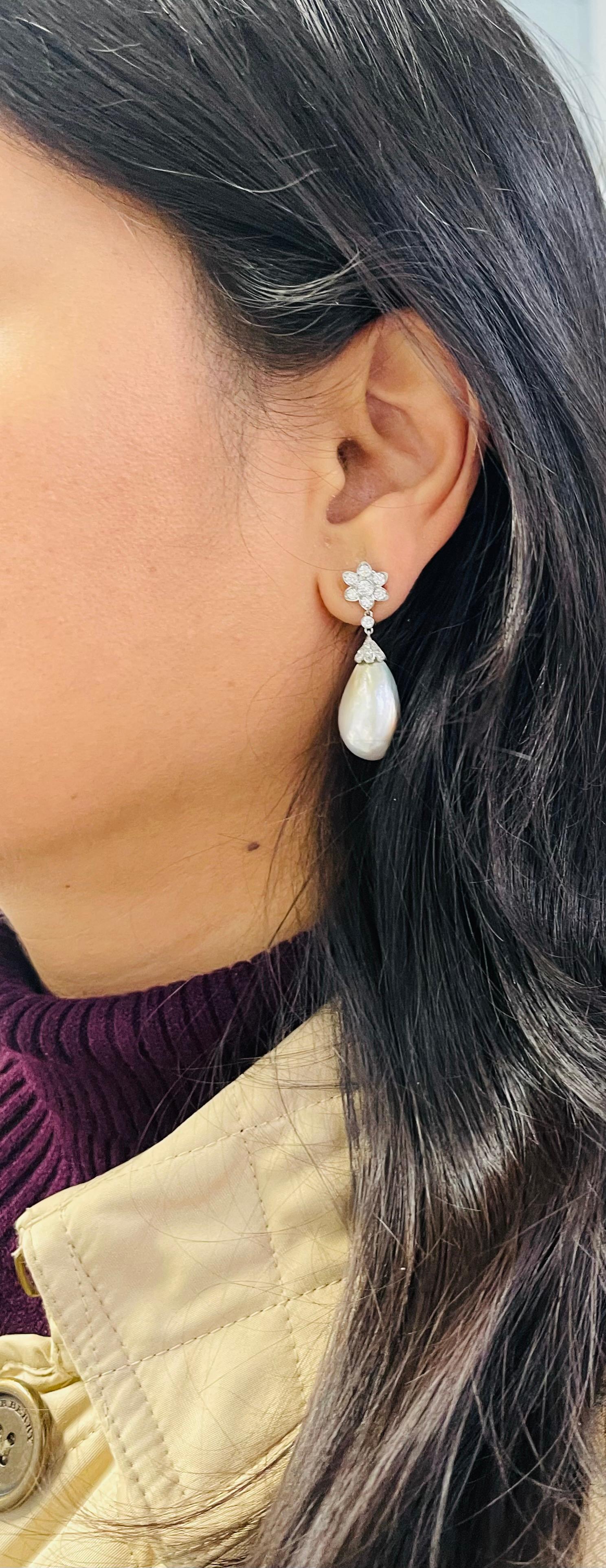 Boucles d'oreilles de style Tiffany en platine avec perles naturelles certifiées SSEF et diamants en vente 3