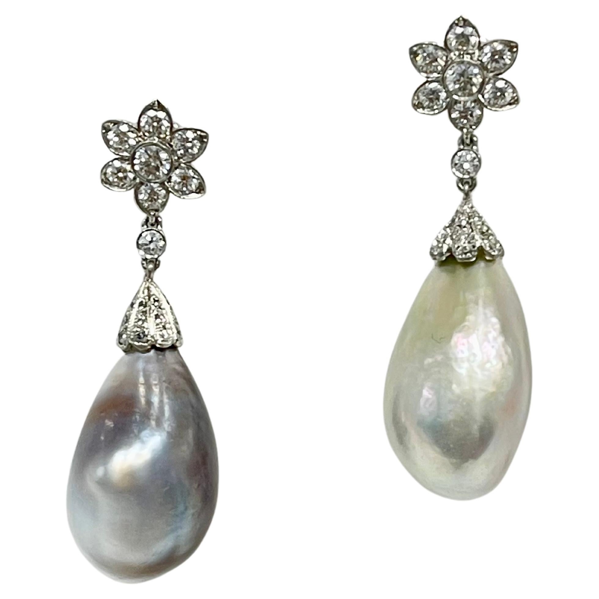 Boucles d'oreilles de style Tiffany en platine avec perles naturelles certifiées SSEF et diamants en vente