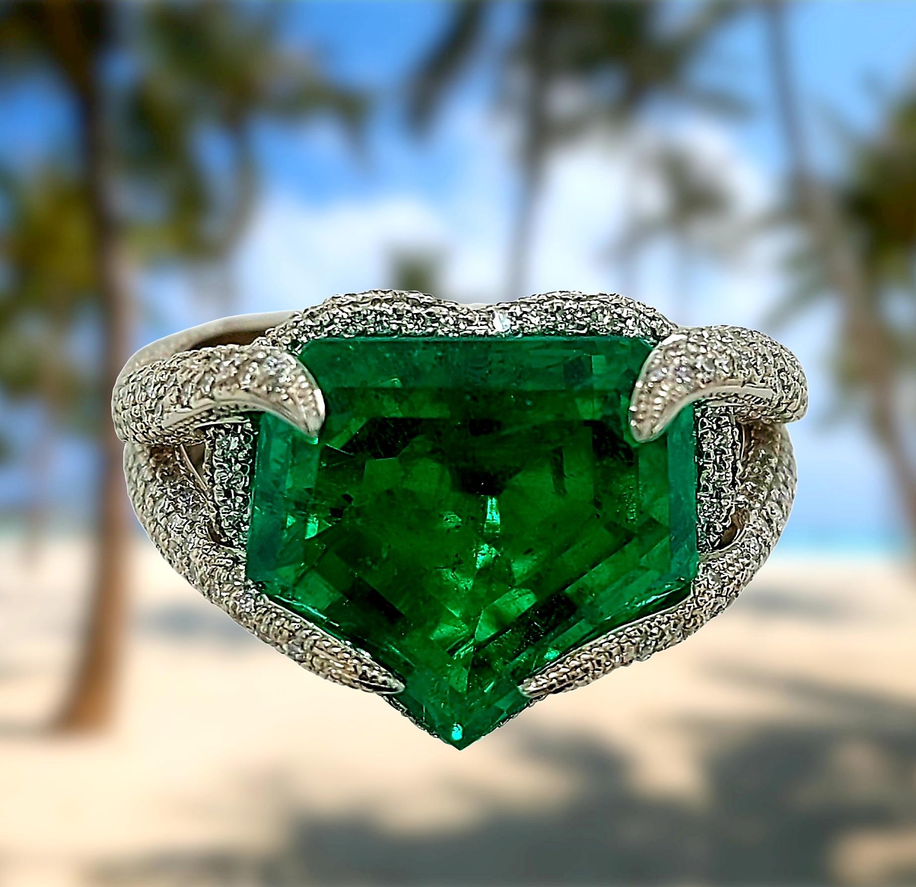 SSEF Certified Platinum 9 Ct Colombian Emerald Minor & Diamonds Unique Ring For Sale 1