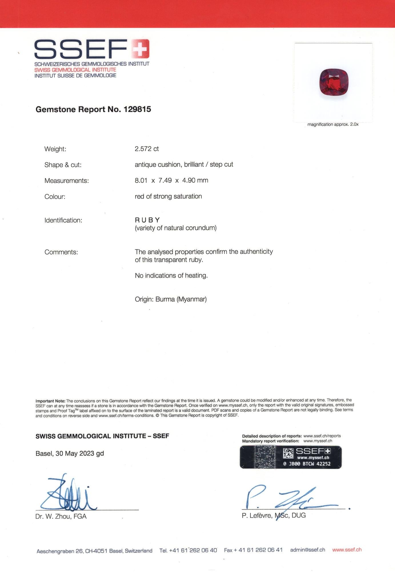 Cushion Cut SSEF, GIA, and GRS Certified 2.57 Carat Burmese Ruby Cocktail Ring For Sale