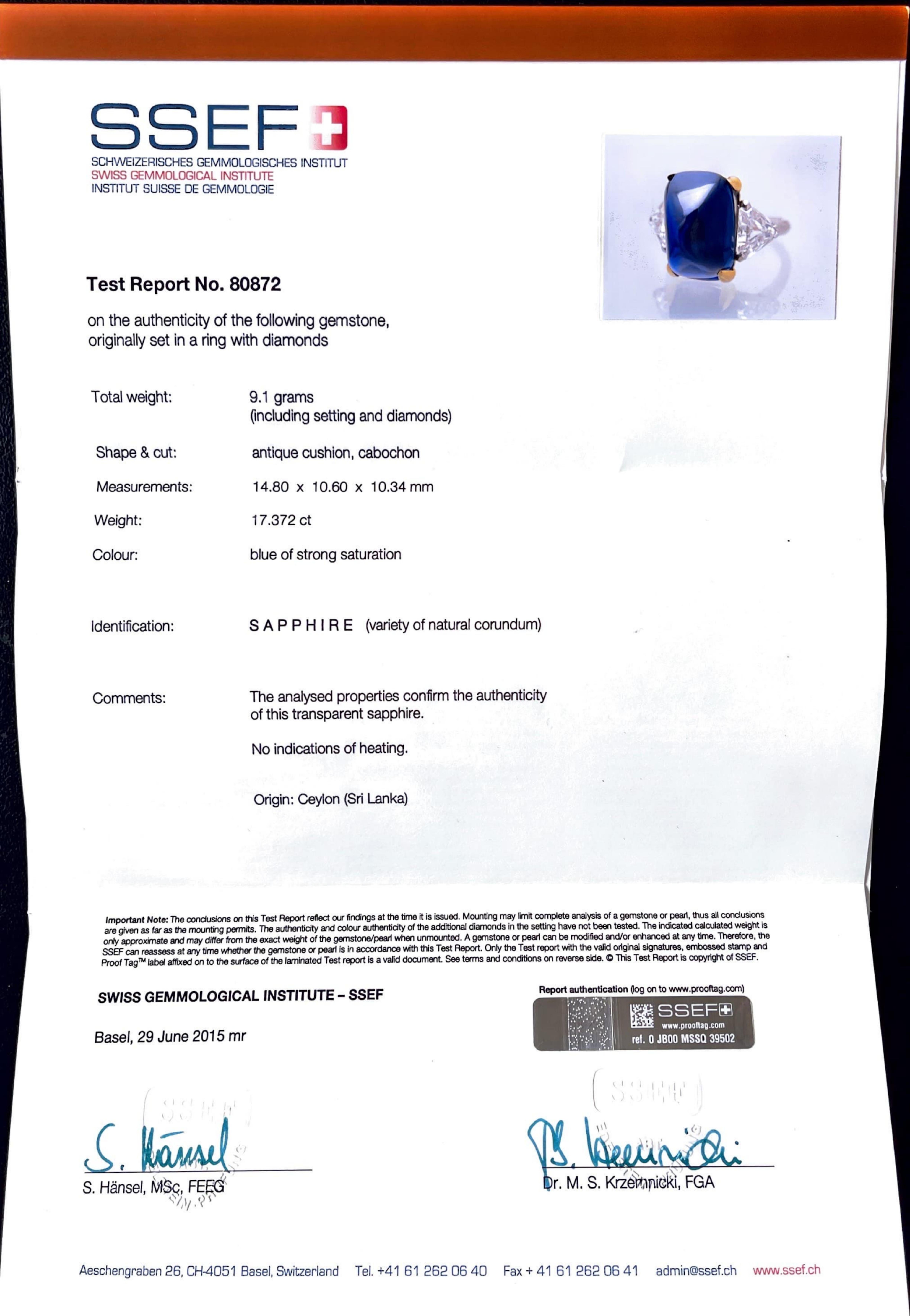 SSEF GRS Certified Bulgari 17 Carat Sugarloaf Ceylon Sapphire Ring In Excellent Condition In Chicago, IL