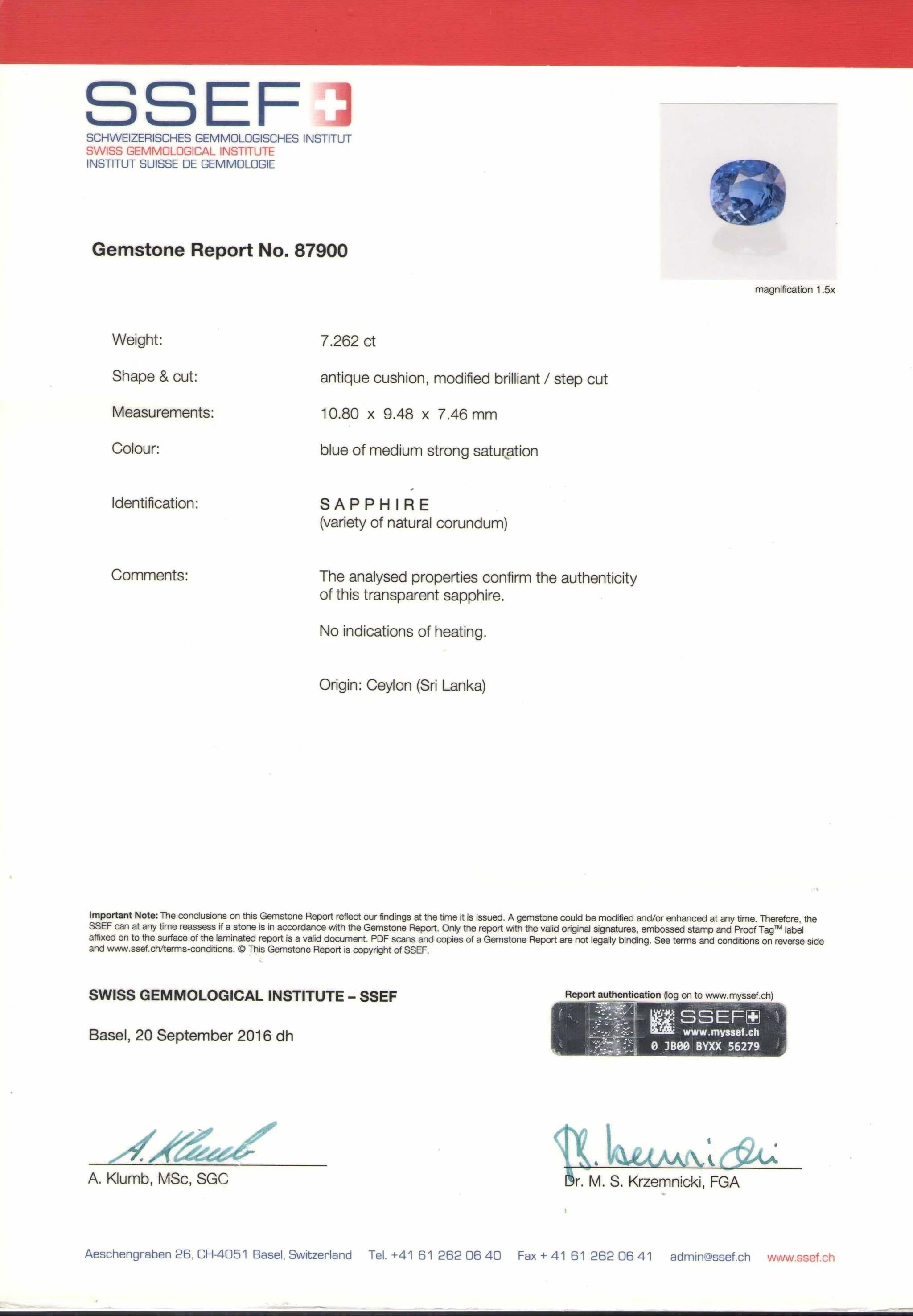 SSEF Schweiz Unerhitzter unbehandelter 7 Karat Ceylon Blauer Saphir Ring (Kissenschliff) im Angebot